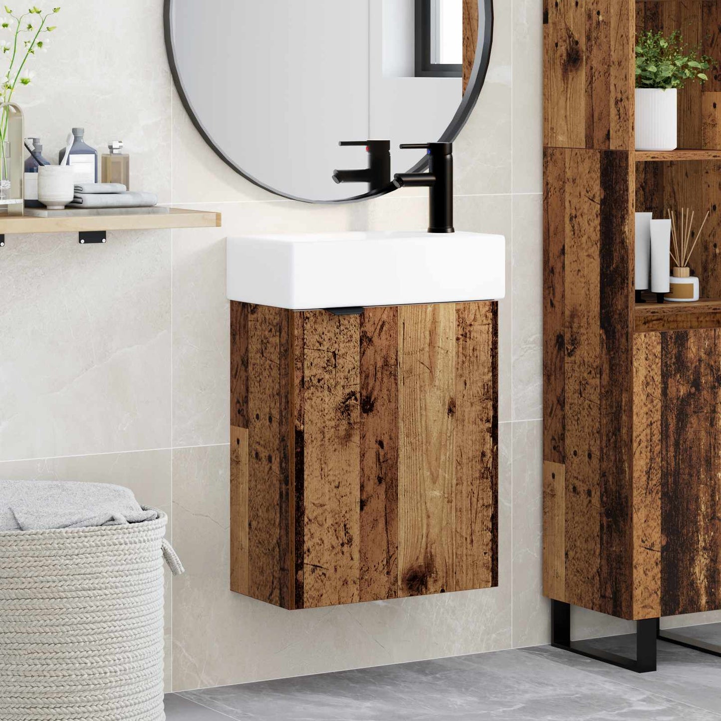 Badezimmer Waschtischunterschrank mit Wasserhahn Altholz