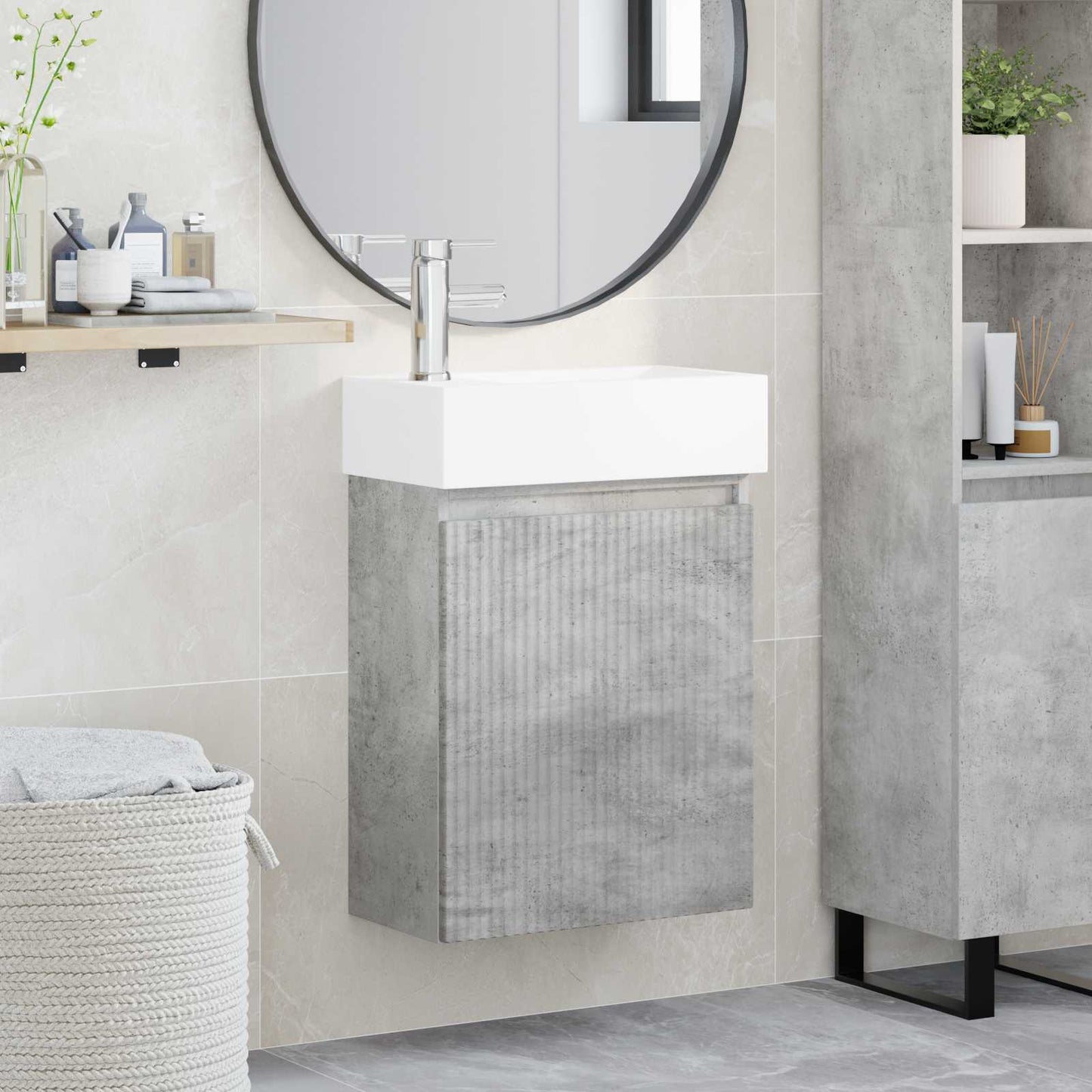 Badezimmer Waschtischunterschrank mit Wasserhahn Betongrau