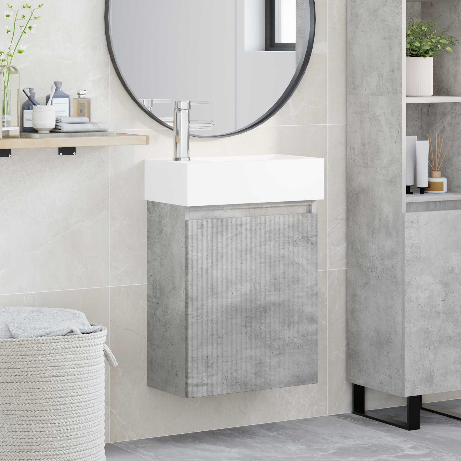 Badezimmer Waschtischunterschrank mit Wasserhahn Betongrau