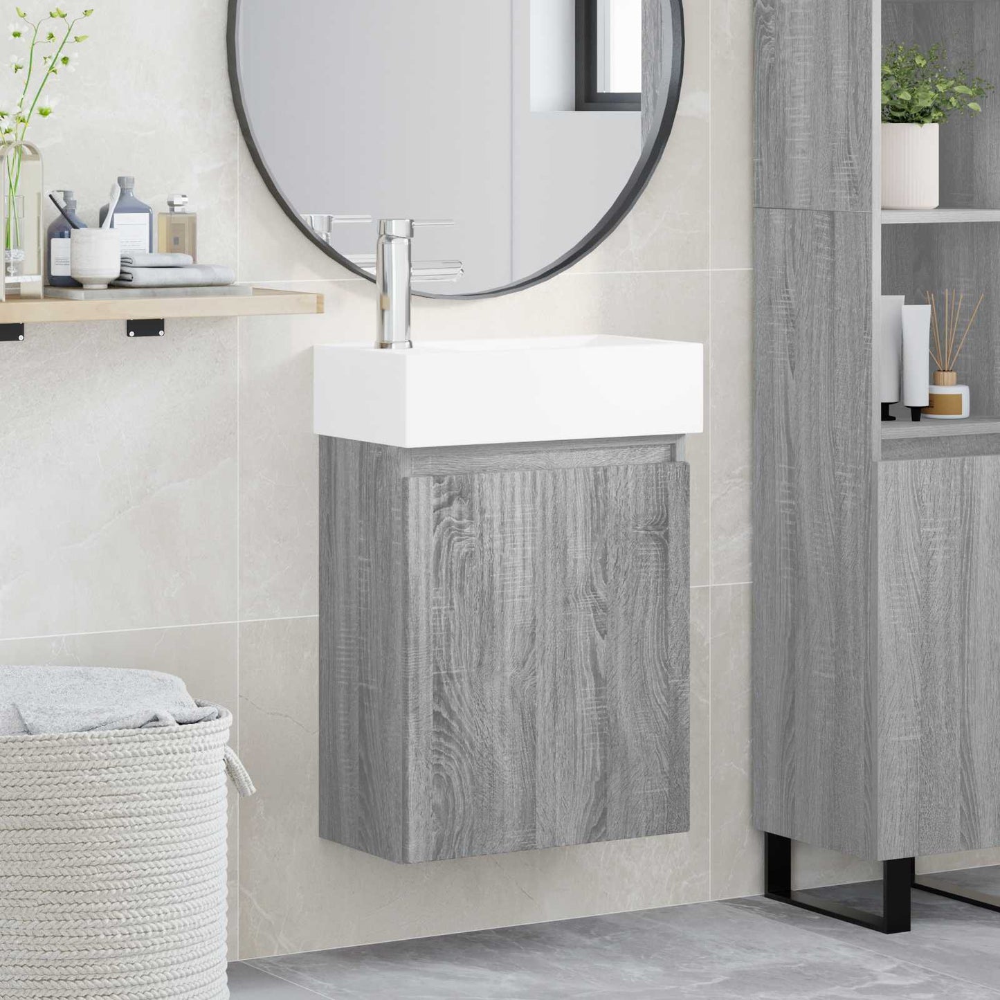 Badezimmer Waschtischunterschrank mit Wasserhahn Grau Sonoma