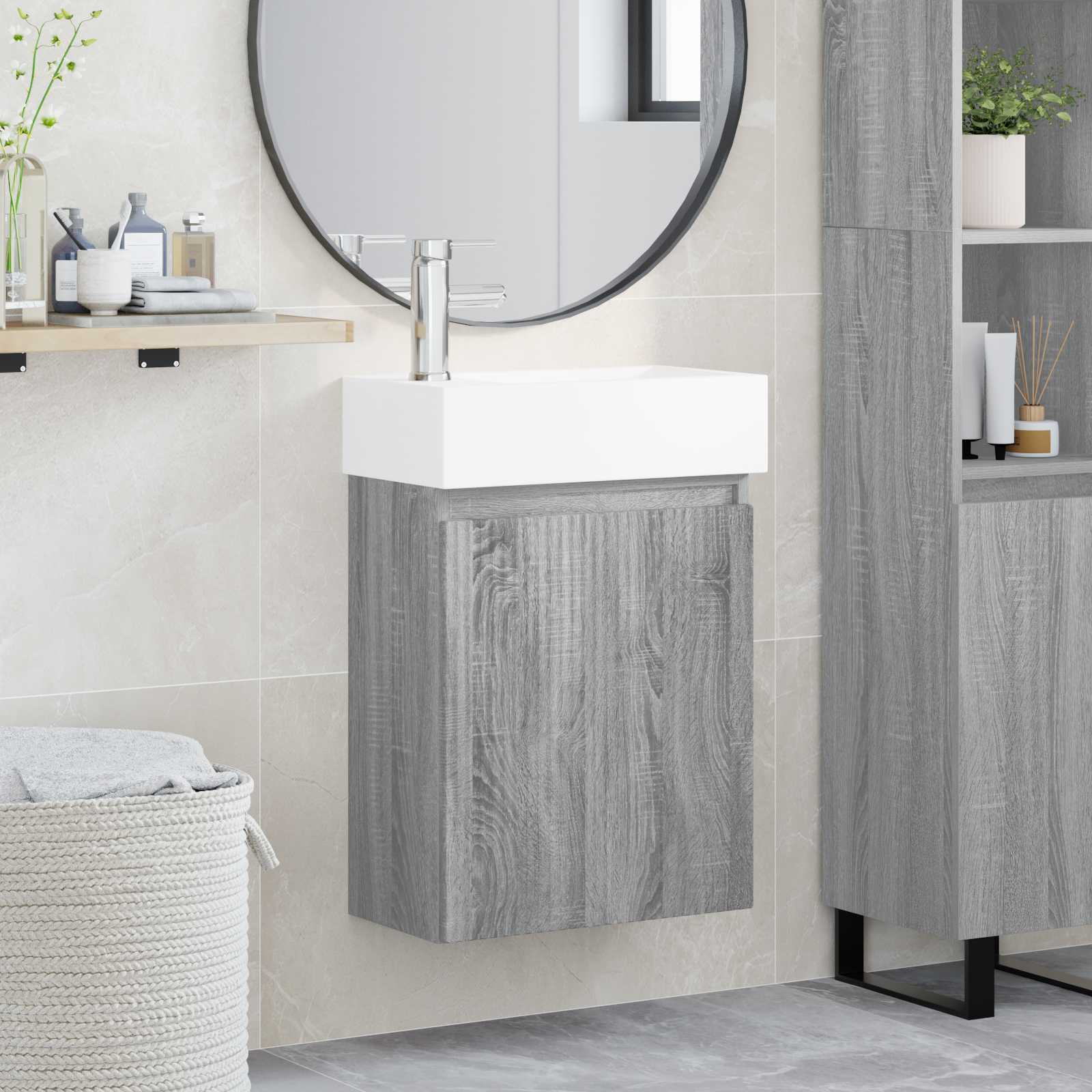 Badezimmer Waschtischunterschrank mit Wasserhahn Grau Sonoma