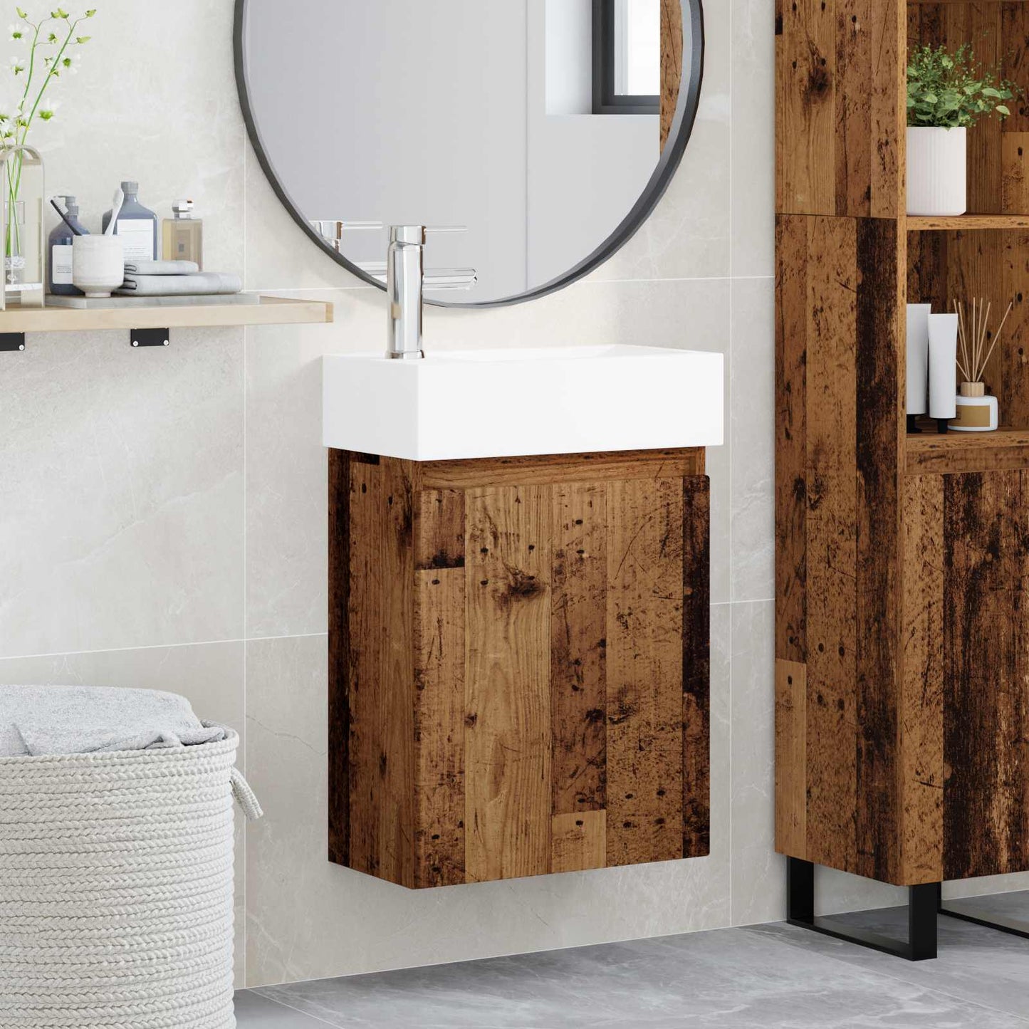 Badezimmer Waschtischunterschrank mit Wasserhahn Altholz