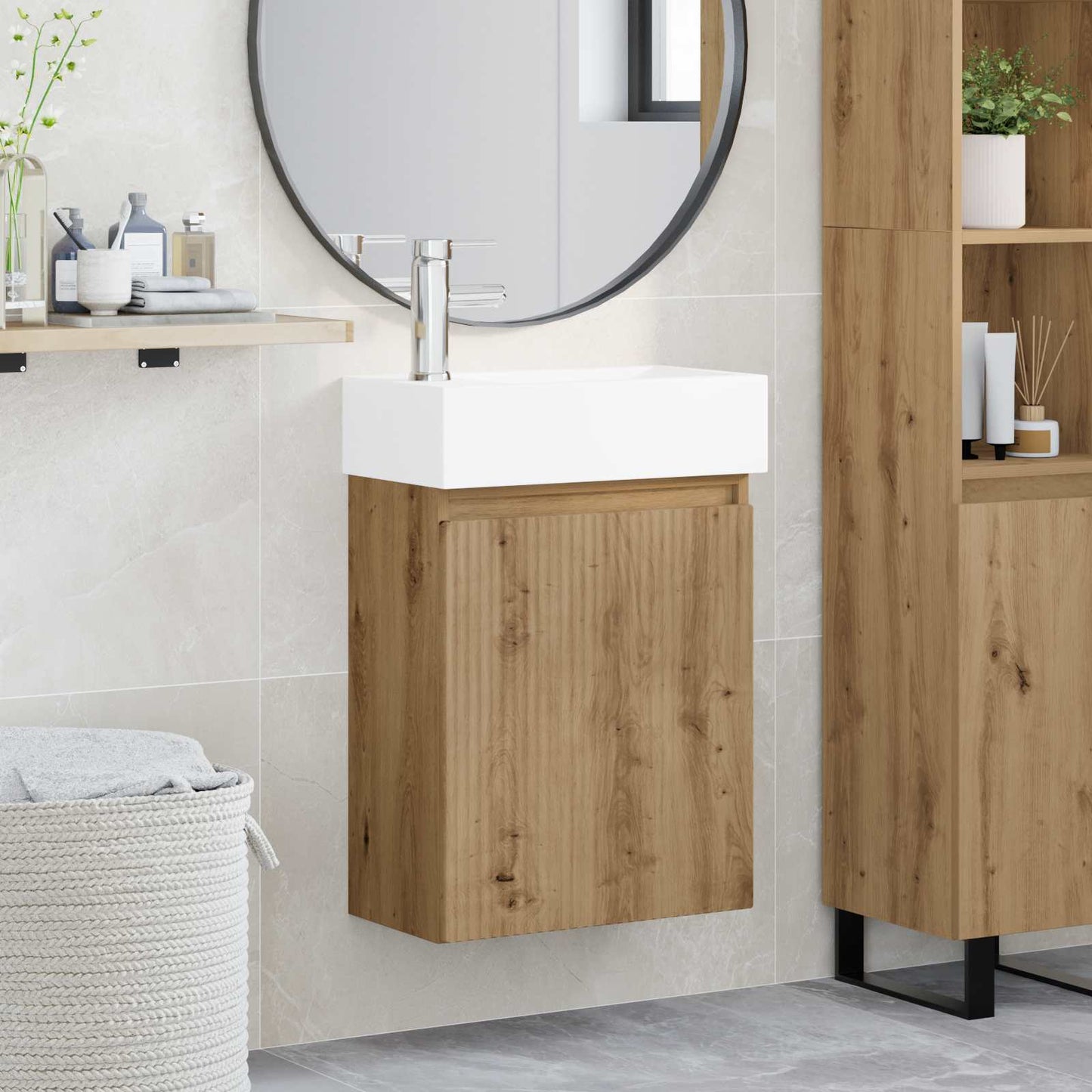 Badezimmer Waschtischunterschrank mit Wasserhahn Artisan-Eiche