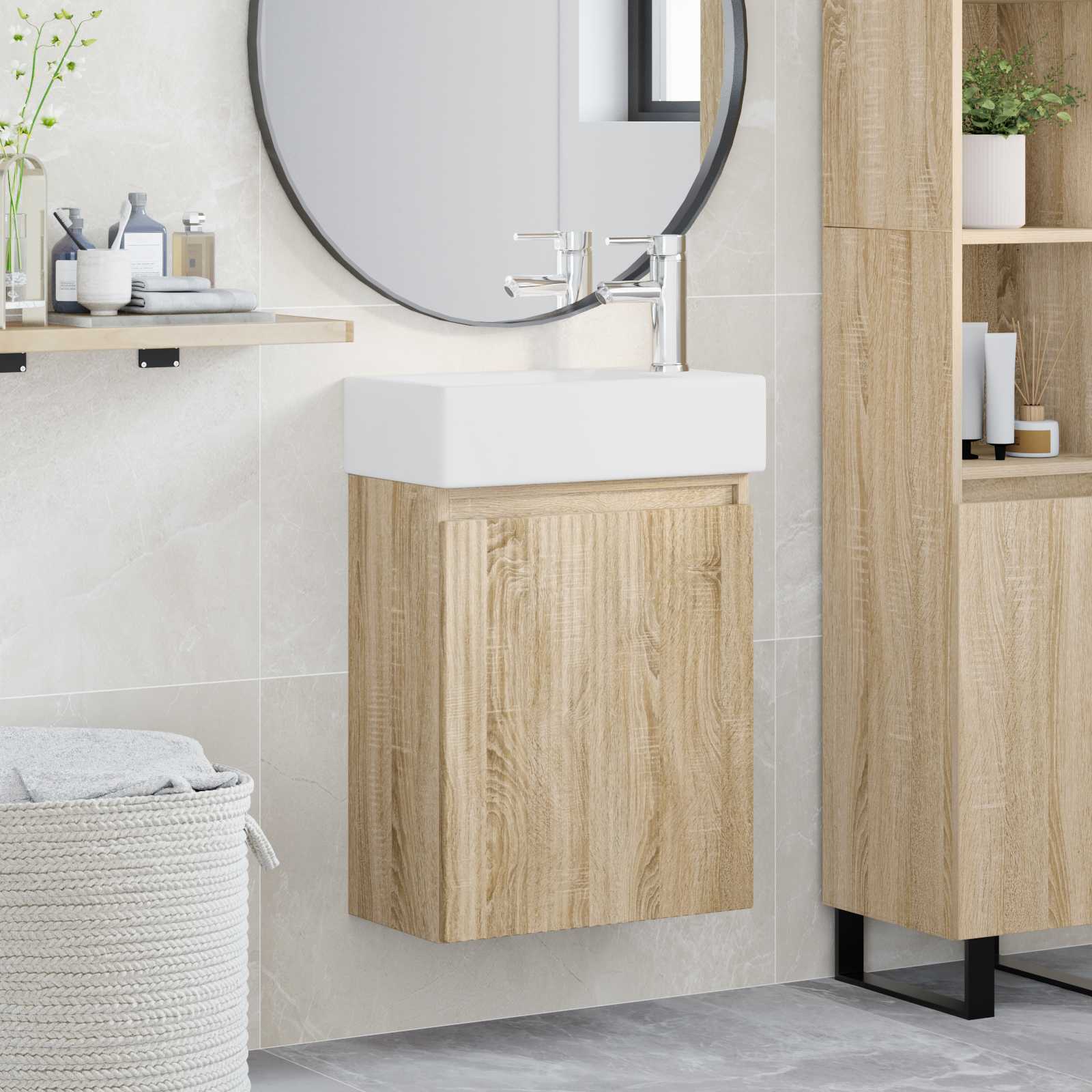Badezimmer Waschtischunterschrank mit Wasserhahn Sonoma-Eiche