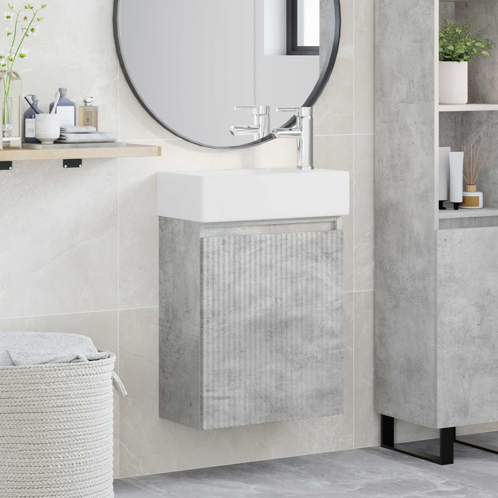 Badezimmer Waschtischunterschrank mit Wasserhahn Betongrau