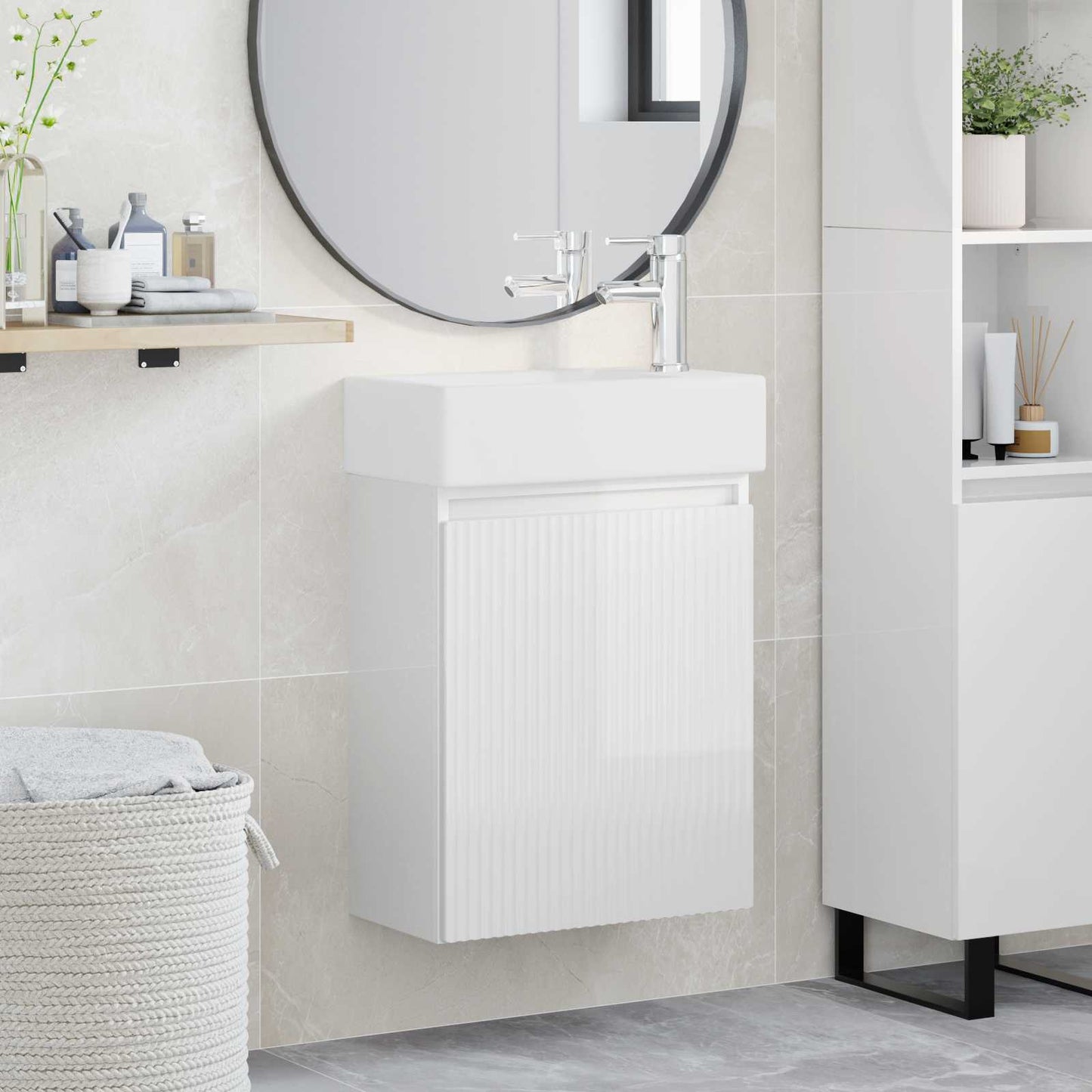 Badezimmer Waschtischunterschrank mit Wasserhahn Hochglanz Weiß