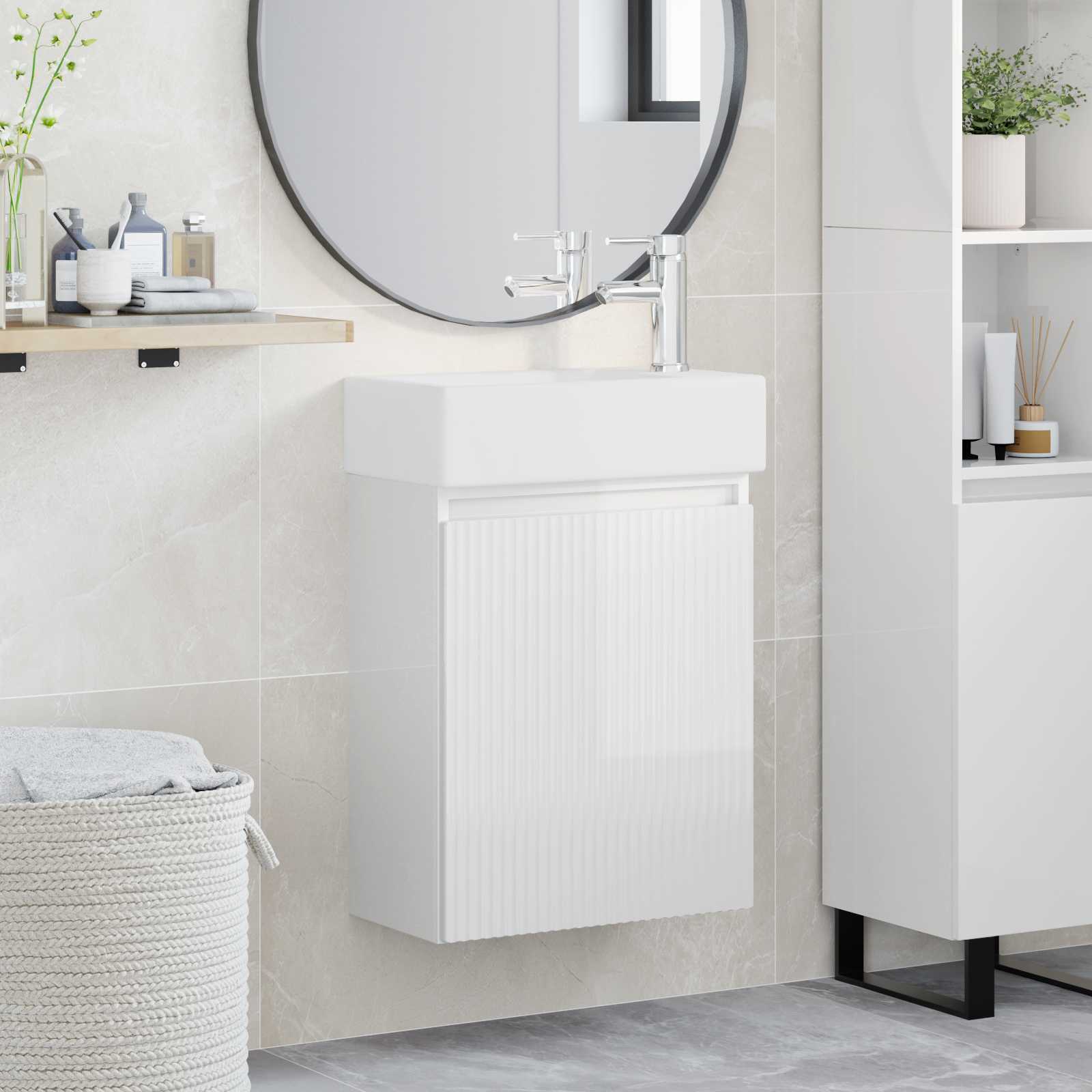 Badezimmer Waschtischunterschrank mit Wasserhahn Hochglanz Weiß