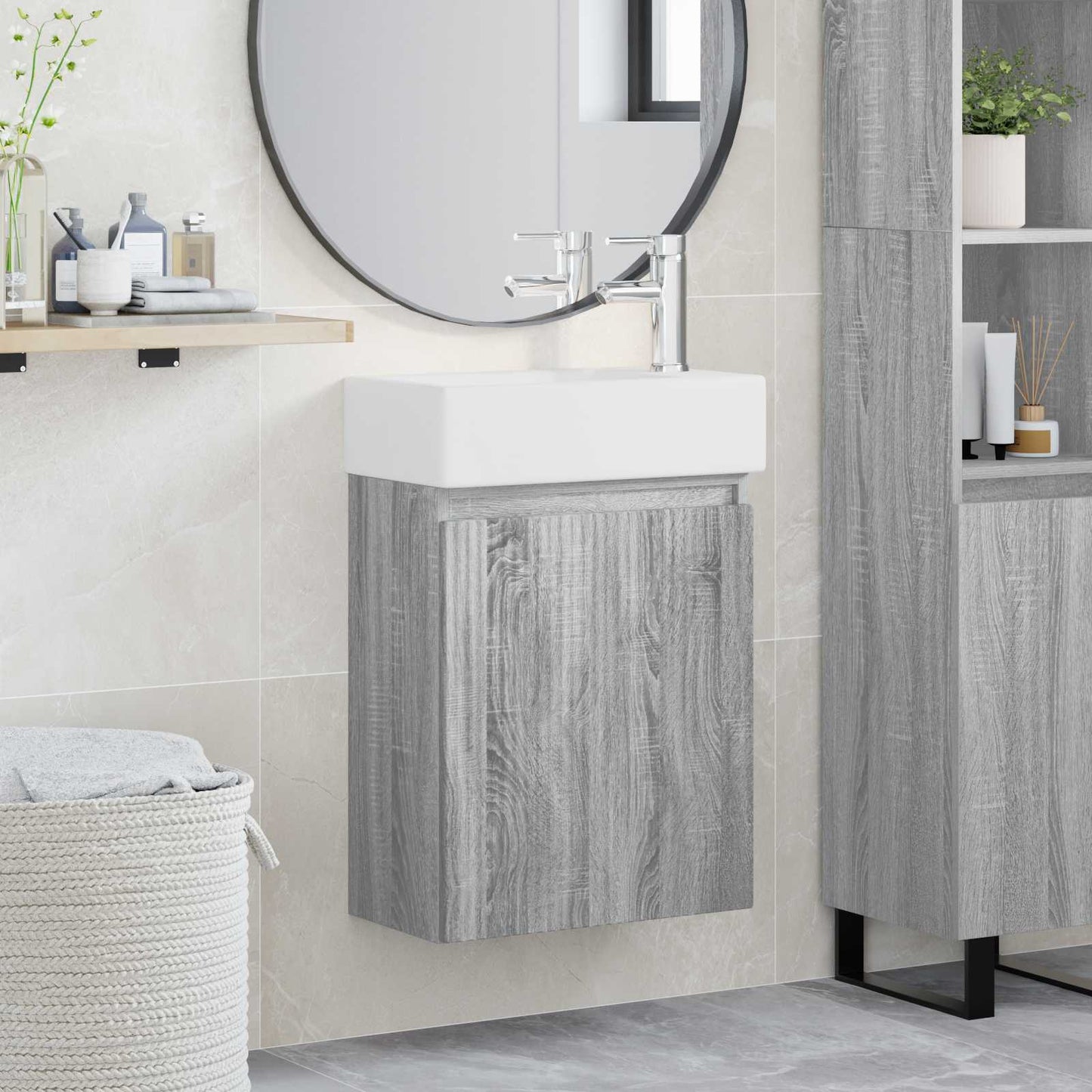 Badezimmer Waschtischunterschrank mit Wasserhahn Grau Sonoma