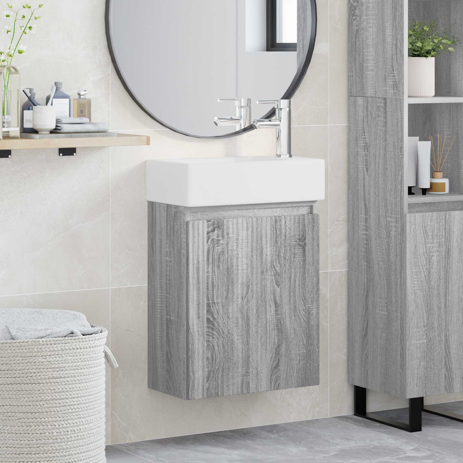 Badezimmer Waschtischunterschrank mit Wasserhahn Grau Sonoma