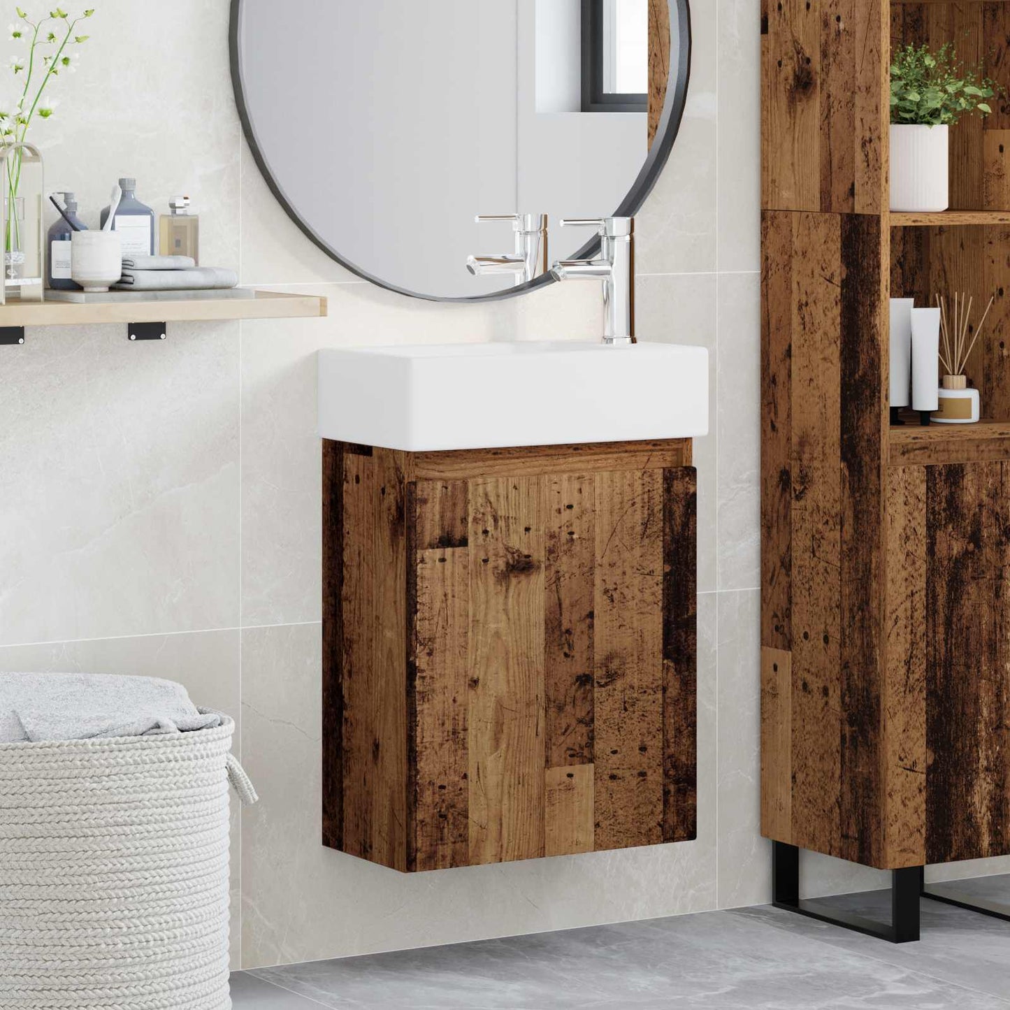 Badezimmer Waschtischunterschrank mit Wasserhahn Altholz