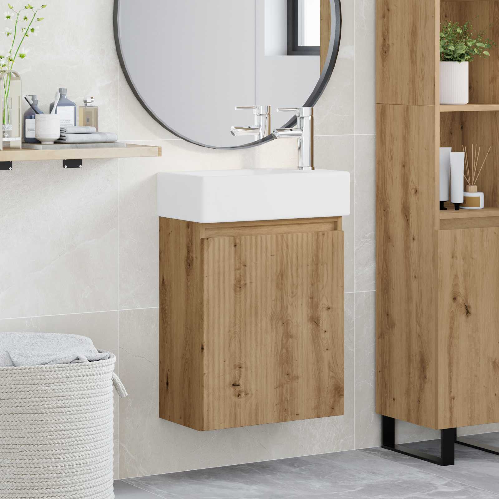 Badezimmer Waschtischunterschrank mit Wasserhahn Artisan-Eiche