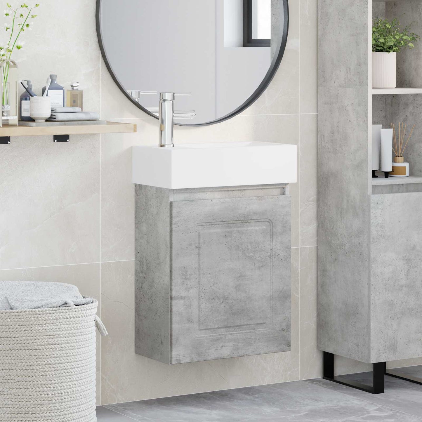 Badezimmer Waschtischunterschrank mit Wasserhahn Betongrau