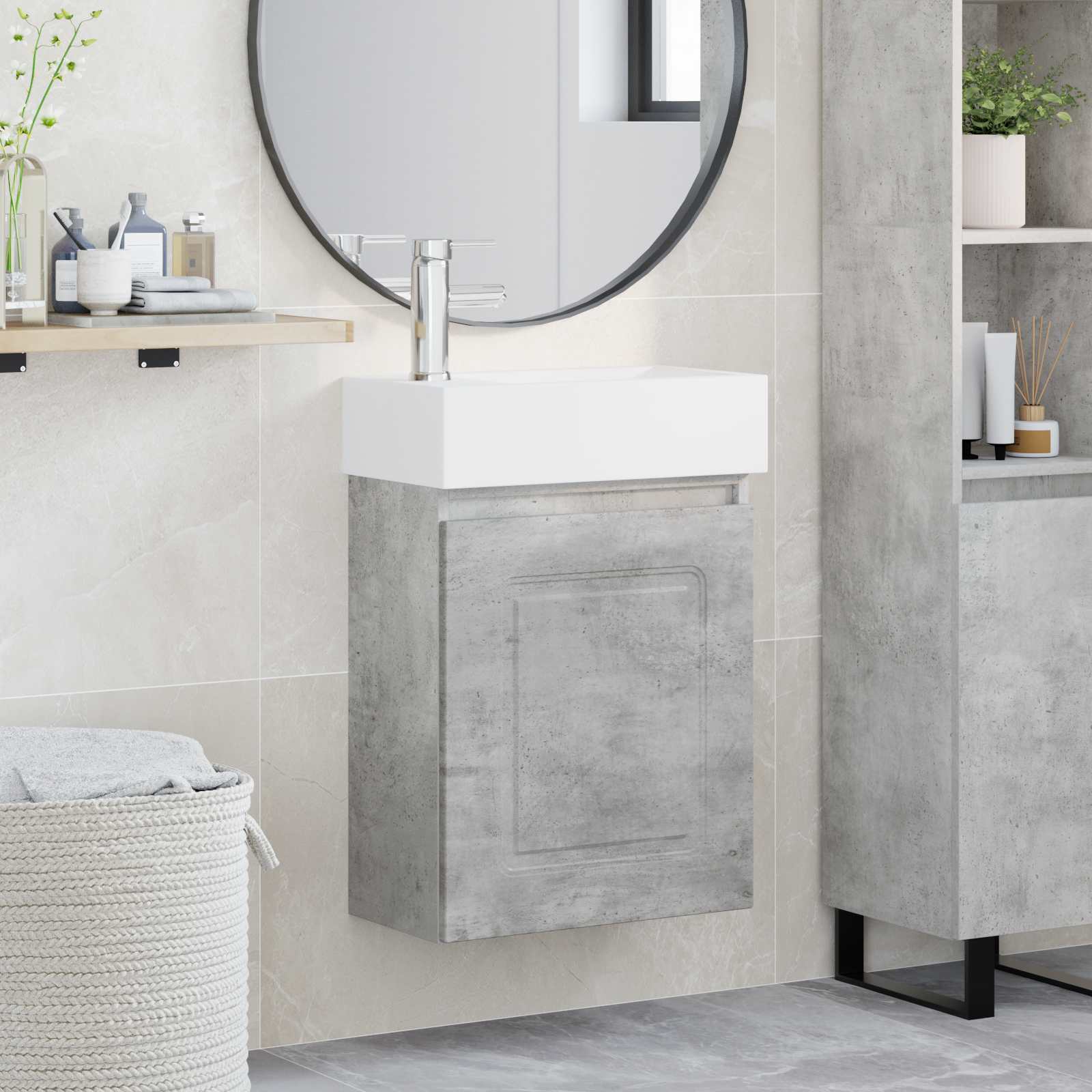 Badezimmer Waschtischunterschrank mit Wasserhahn Betongrau