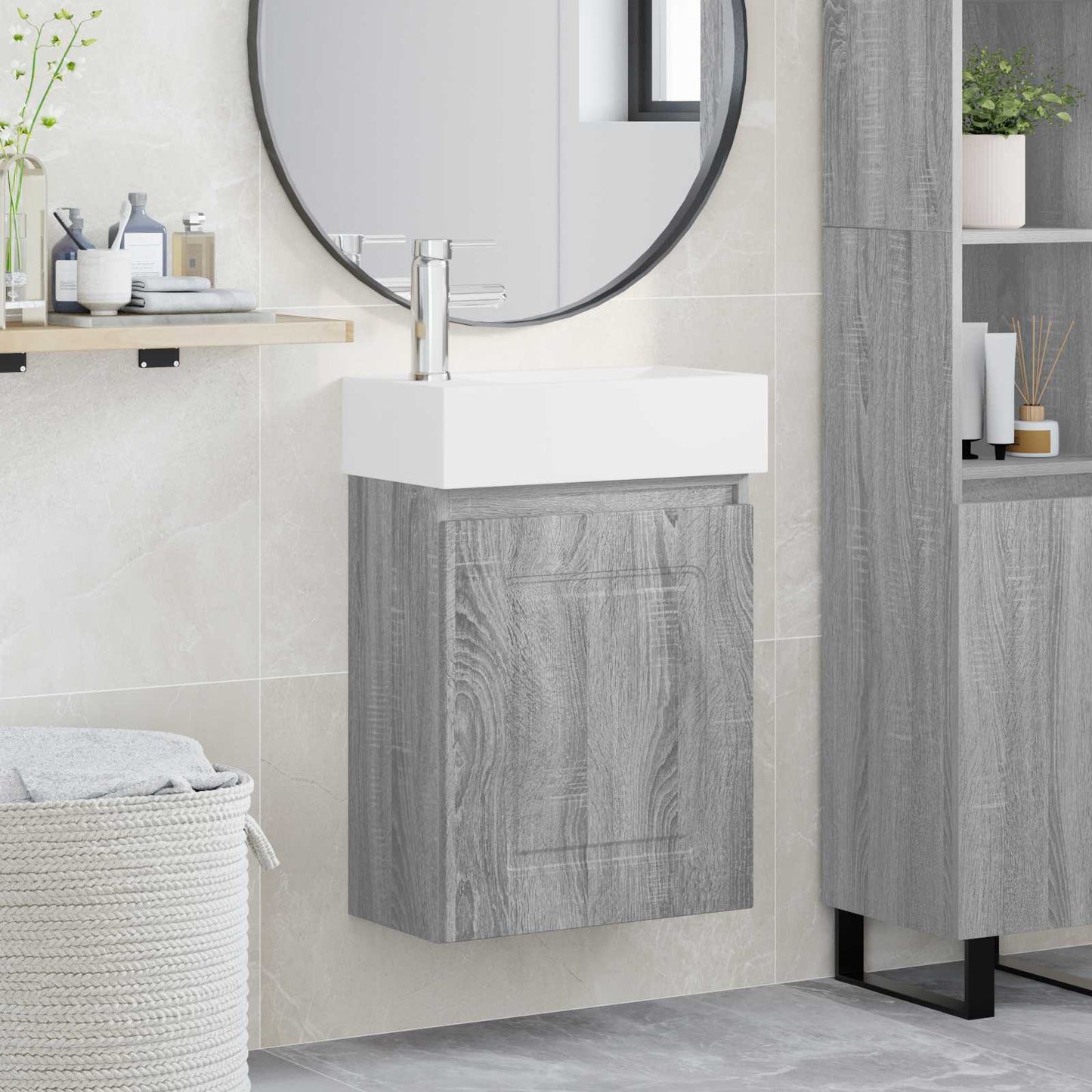 Badezimmer Waschtischunterschrank mit Wasserhahn Sonoma-Grau