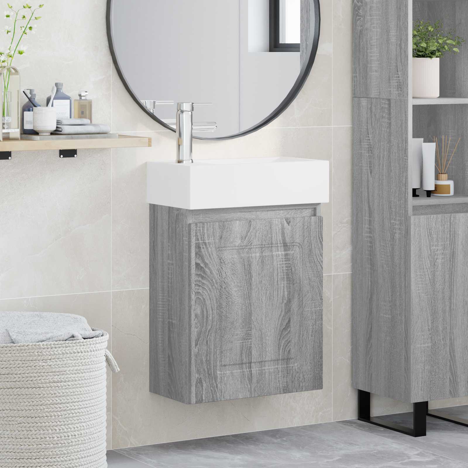 Badezimmer Waschtischunterschrank mit Wasserhahn Sonoma-Grau