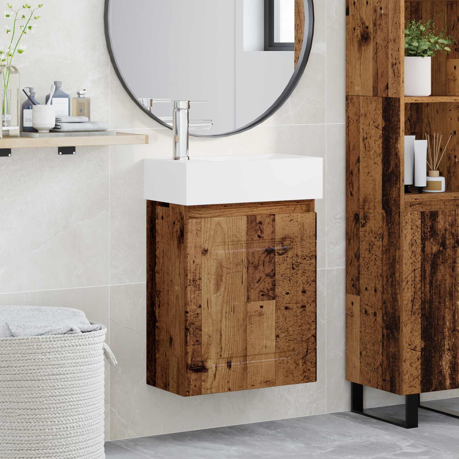Badezimmer Waschtischunterschrank mit Wasserhahn Altholz