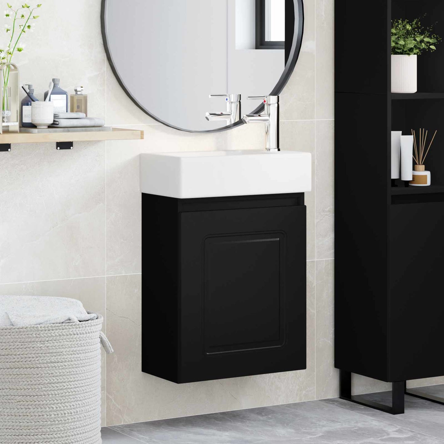 Badezimmer Waschtischunterschrank mit Wasserhahn Schwarz