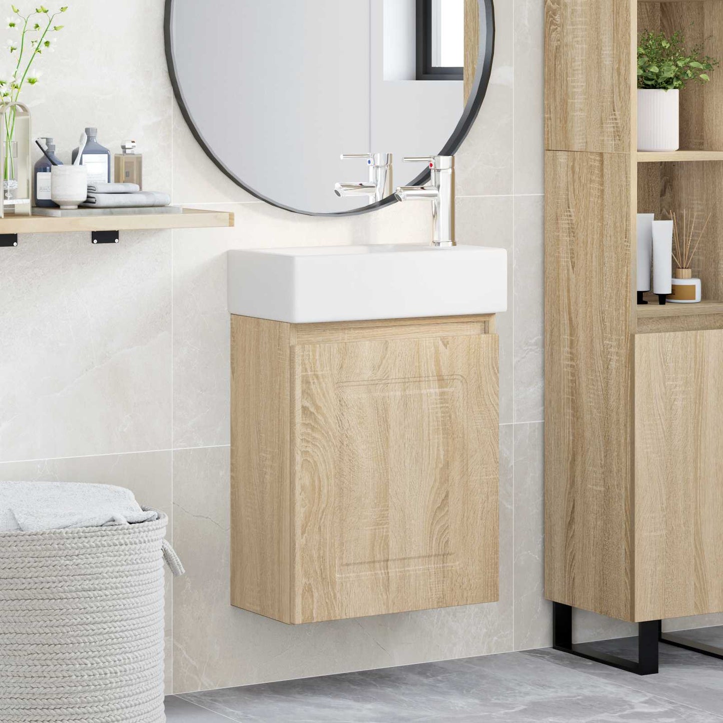 Badezimmer Waschtischunterschrank mit Wasserhahn Sonoma-Eiche