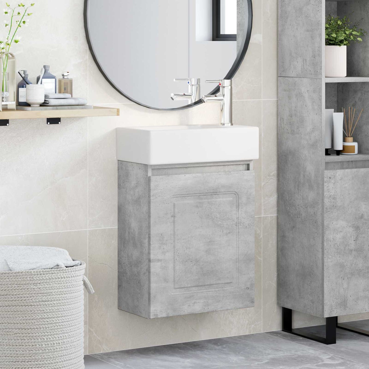 Badezimmer Waschtischunterschrank mit Wasserhahn Betongrau