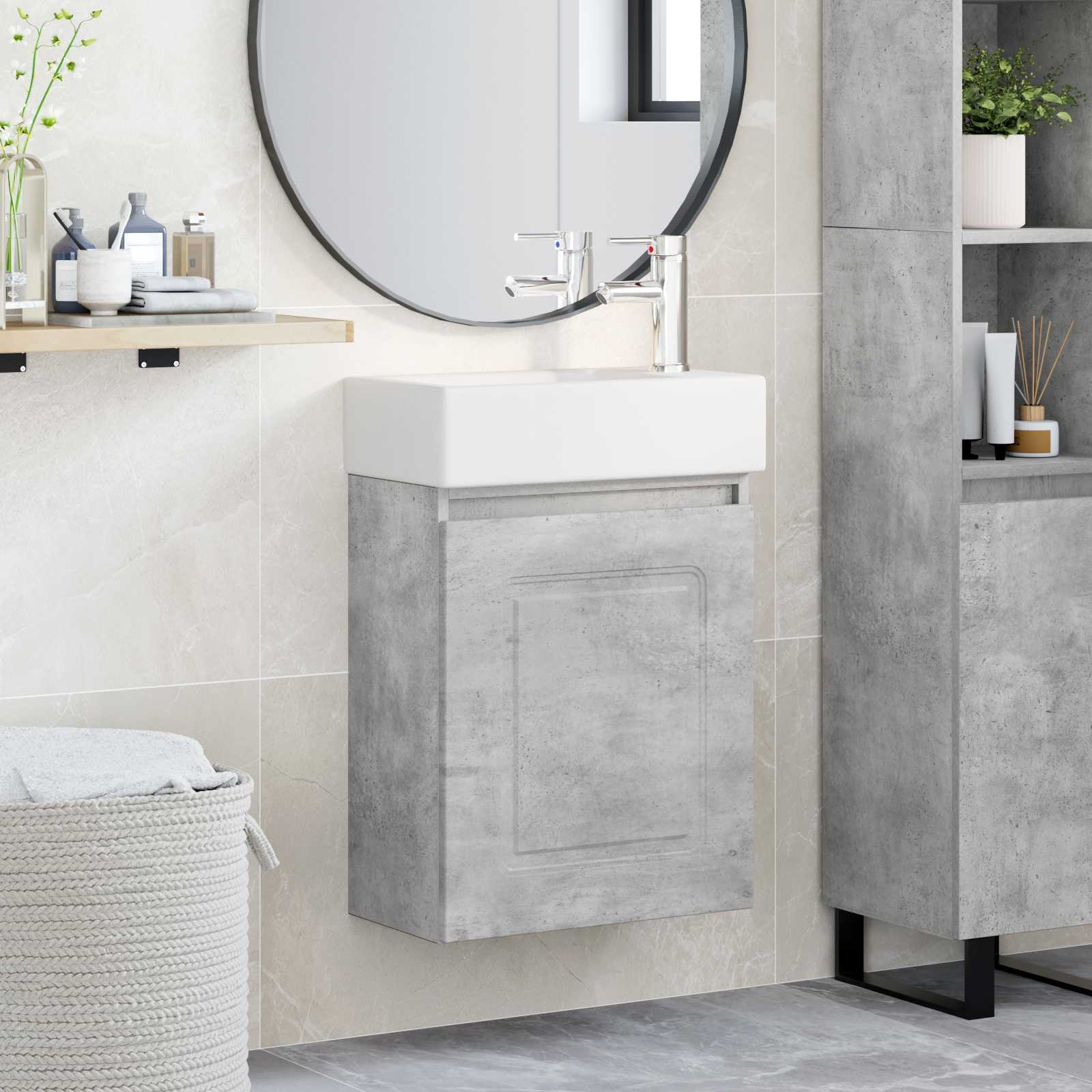 Badezimmer Waschtischunterschrank mit Wasserhahn Betongrau