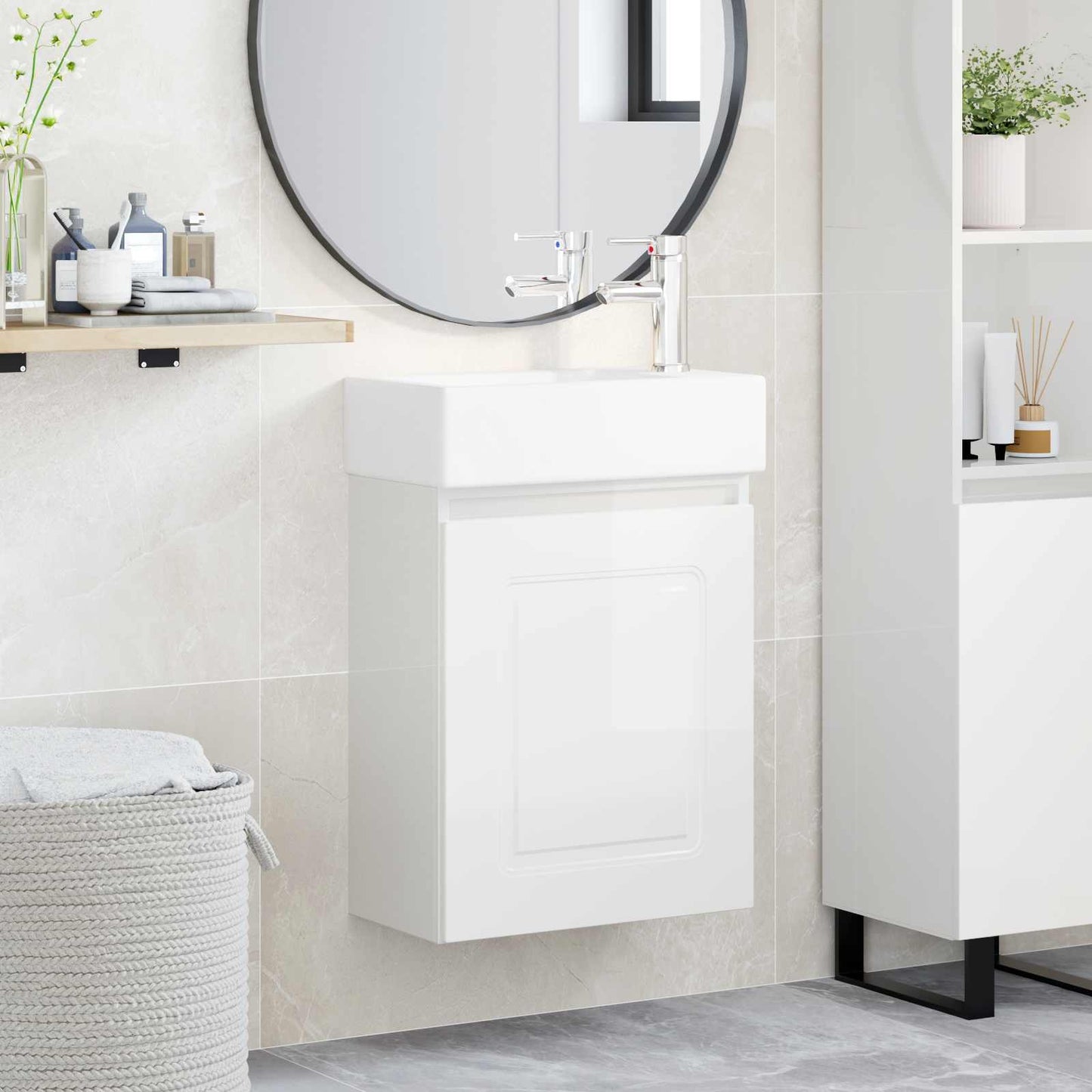 Badezimmer Waschtischunterschrank mit Wasserhahn Hochglanz Weiß