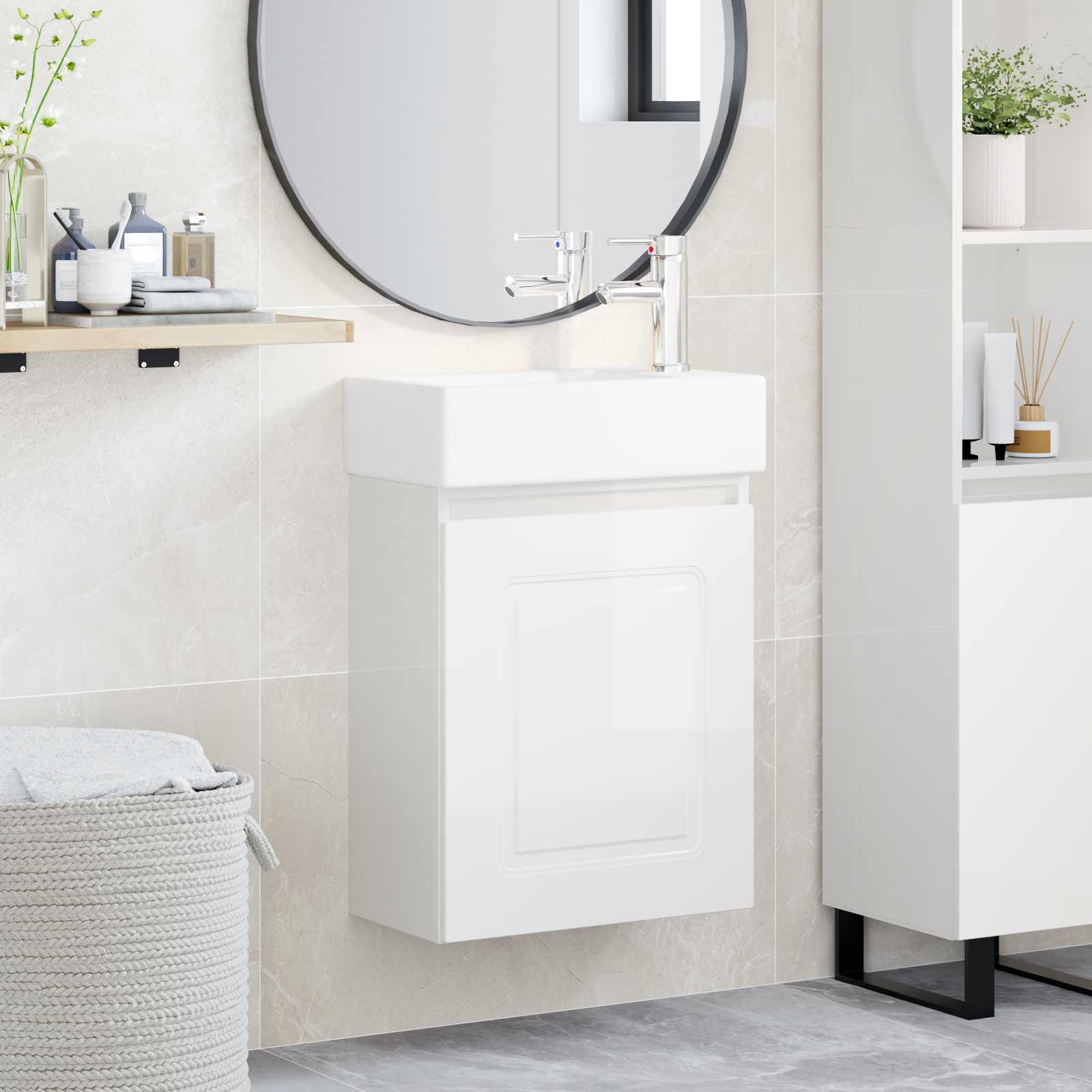 Badezimmer Waschtischunterschrank mit Wasserhahn Hochglanz Weiß