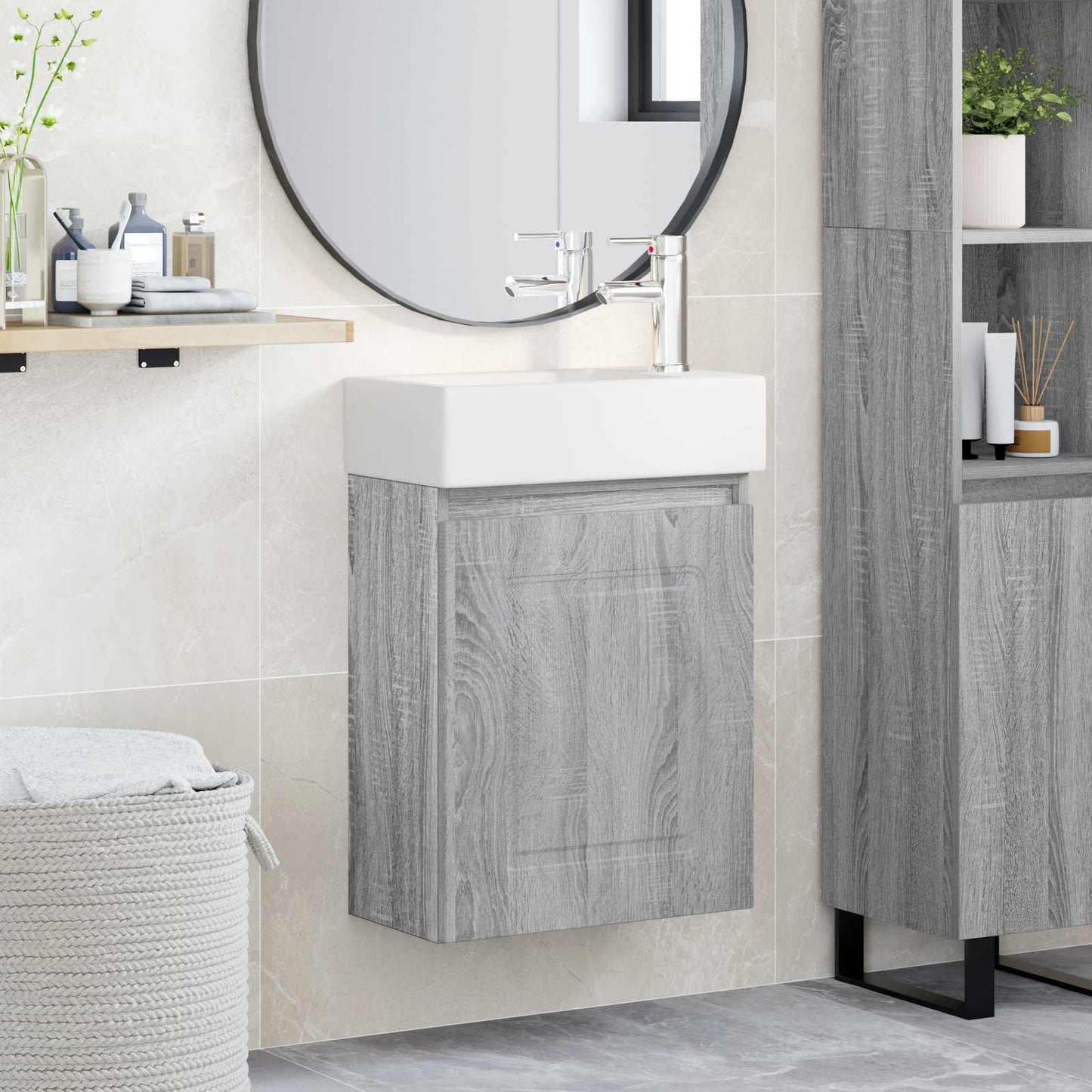 Badezimmer Waschtischunterschrank mit Wasserhahn Sonoma-Grau