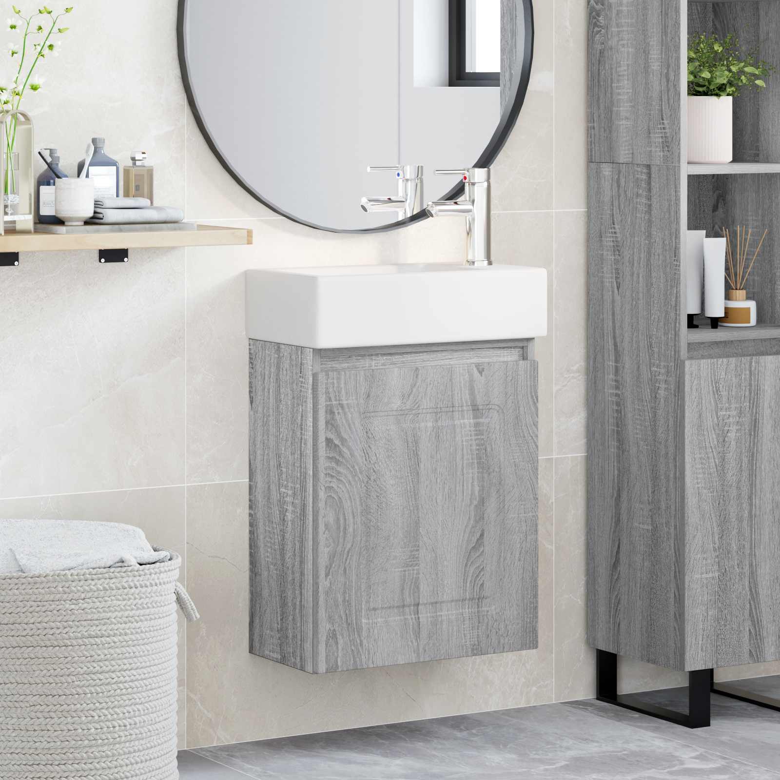 Badezimmer Waschtischunterschrank mit Wasserhahn Sonoma-Grau