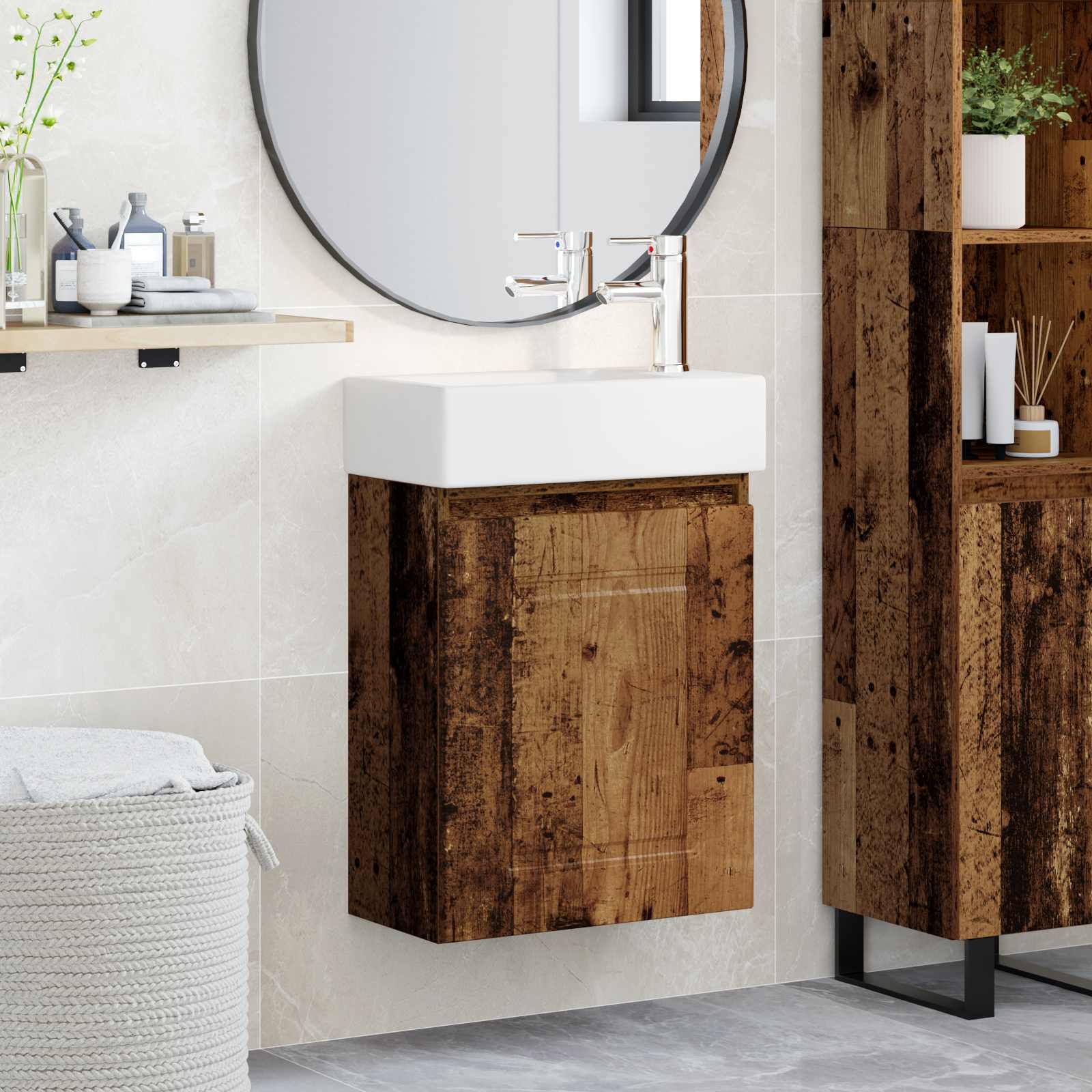 Badezimmer Waschtischunterschrank mit Wasserhahn Altholz