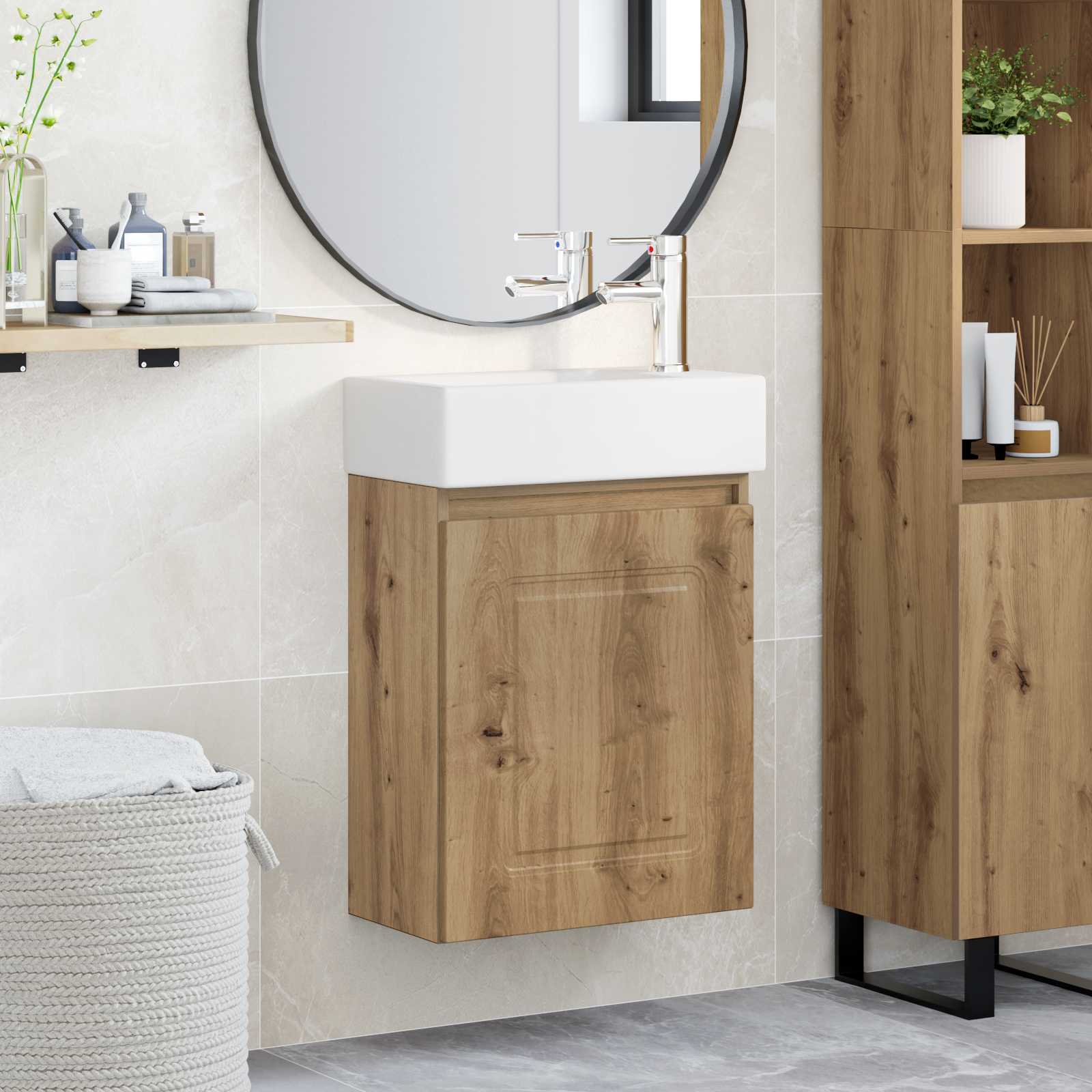 Badezimmer Waschtischunterschrank mit Wasserhahn Artisan-Eiche