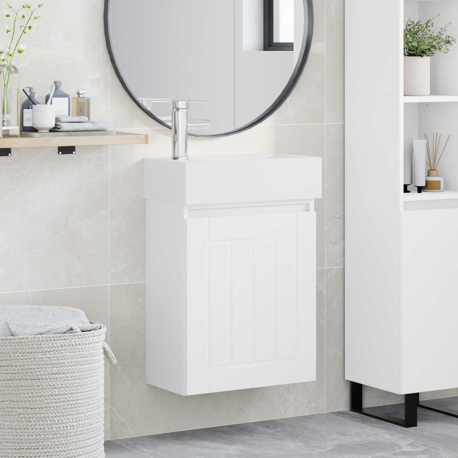 Badezimmer Waschtischunterschrank mit Wasserhahn Weiß