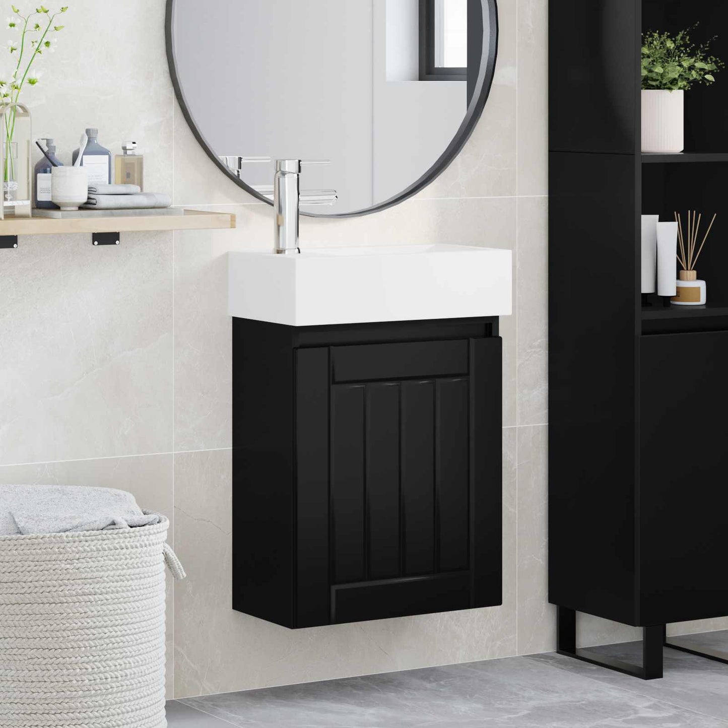 Badezimmer Waschtischunterschrank mit Wasserhahn Schwarz