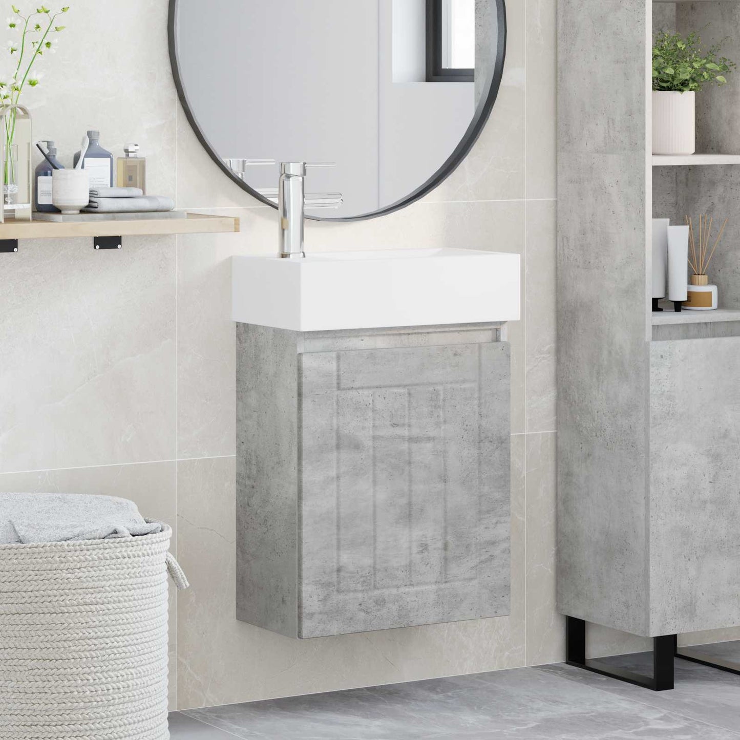 Badezimmer Waschtischunterschrank mit Wasserhahn Betongrau