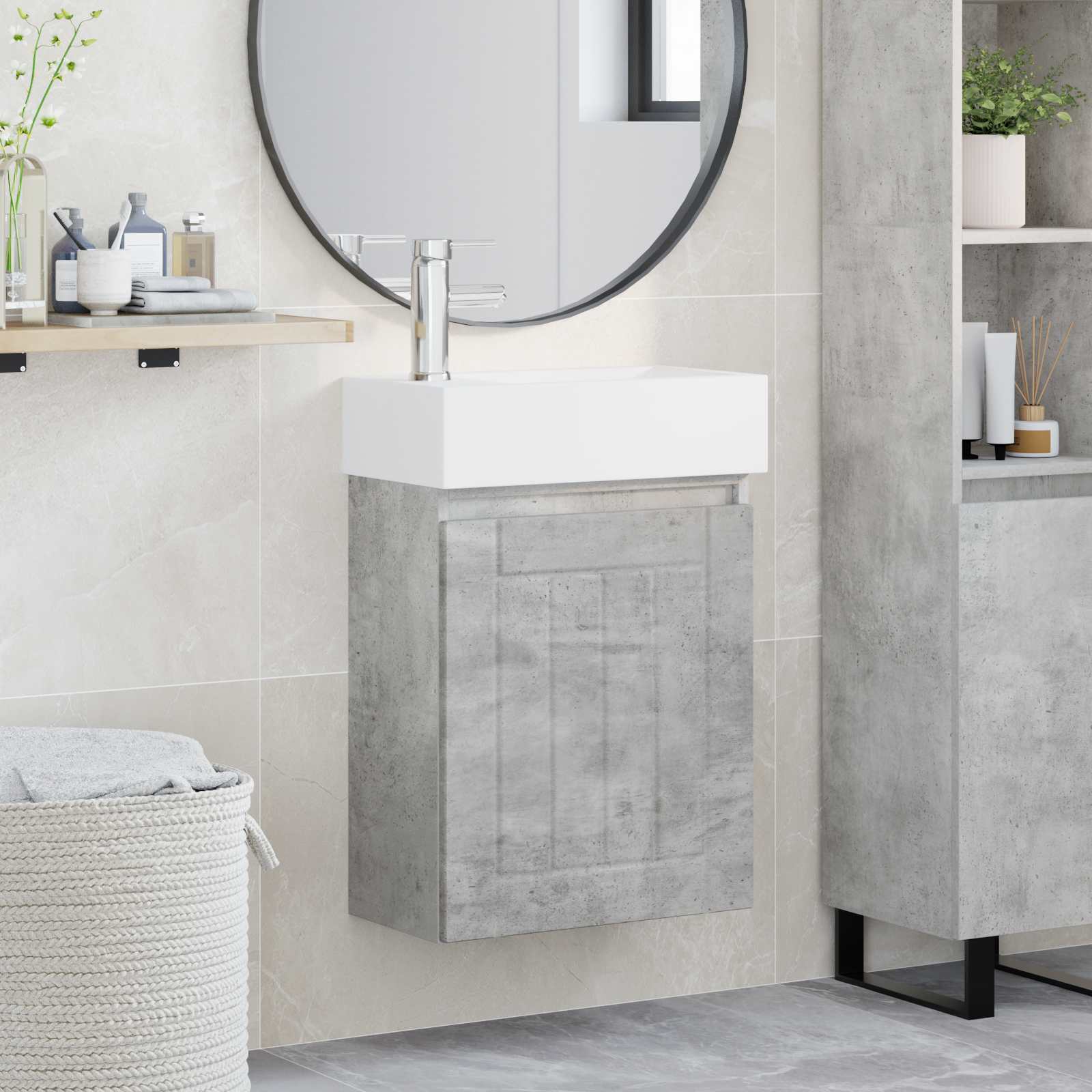 Badezimmer Waschtischunterschrank mit Wasserhahn Betongrau