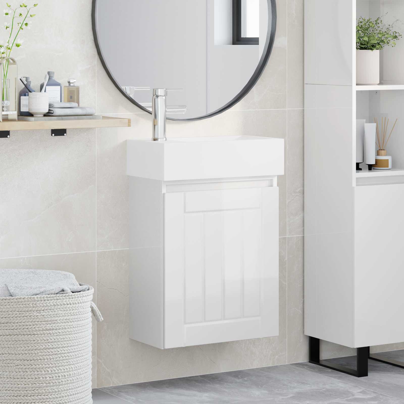 Badezimmer Waschtischunterschrank mit Wasserhahn Hochglanz Weiß