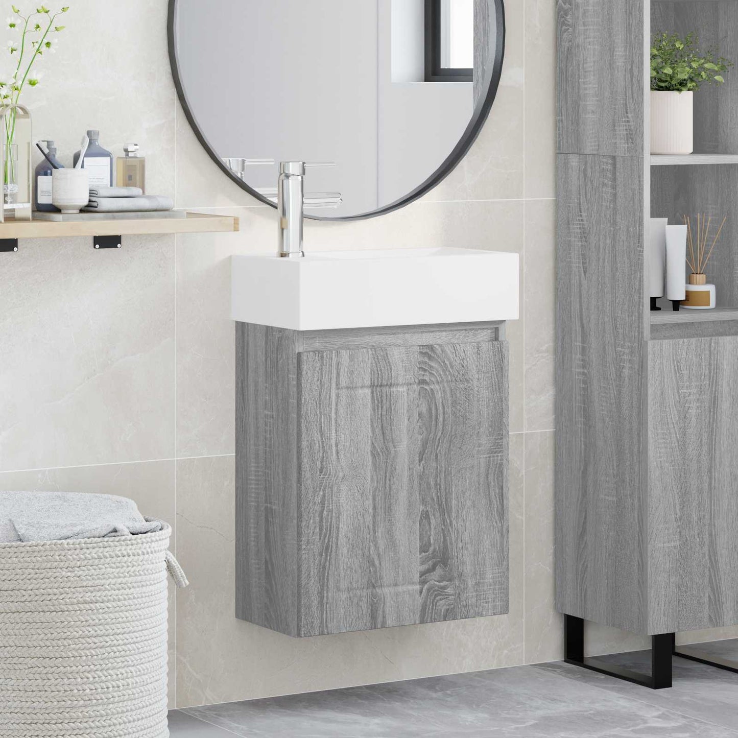 Badezimmer Waschtischunterschrank mit Wasserhahn Grau Sonoma