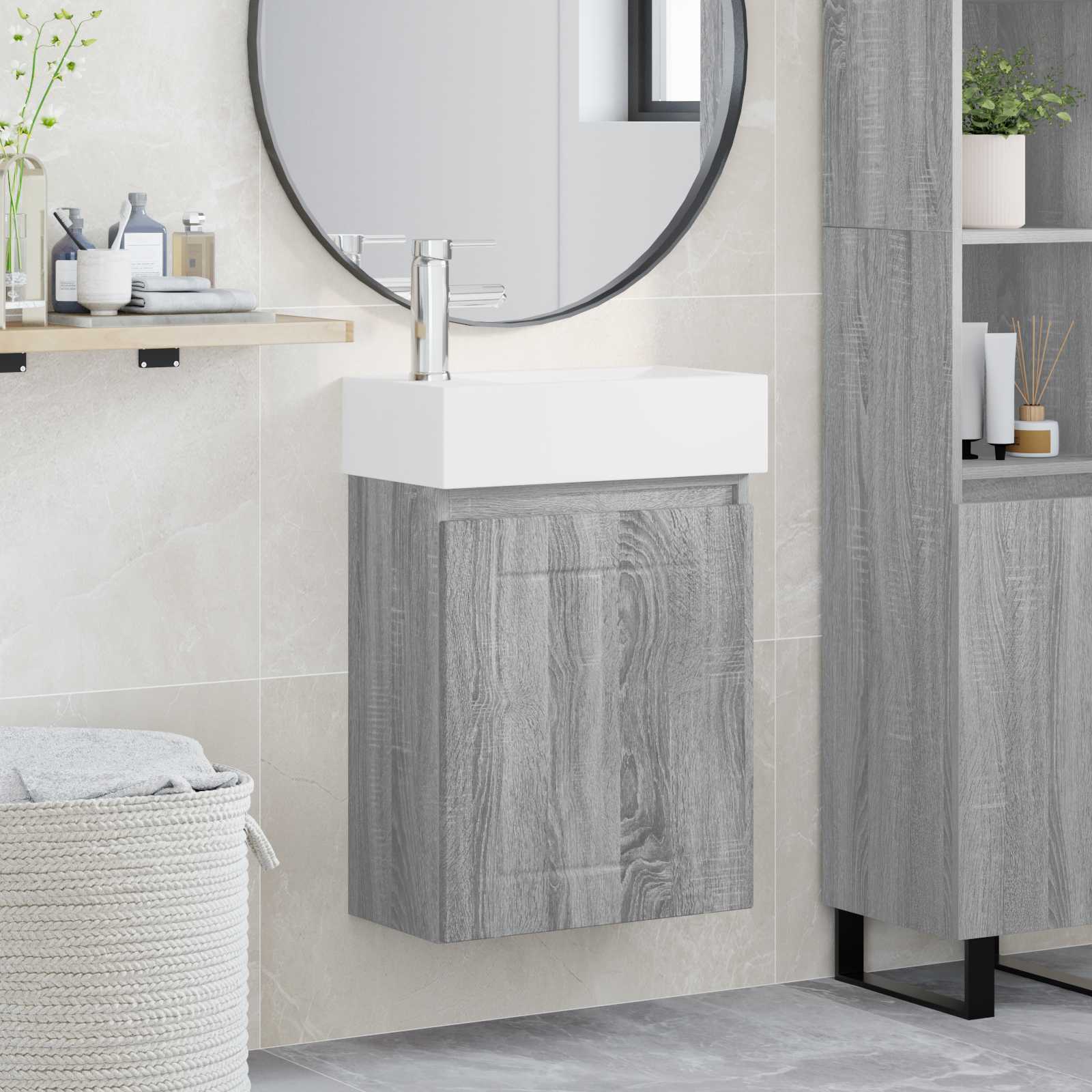 Badezimmer Waschtischunterschrank mit Wasserhahn Grau Sonoma