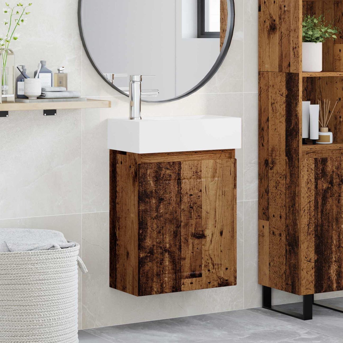 Badezimmer Waschtischunterschrank mit Wasserhahn Altholz