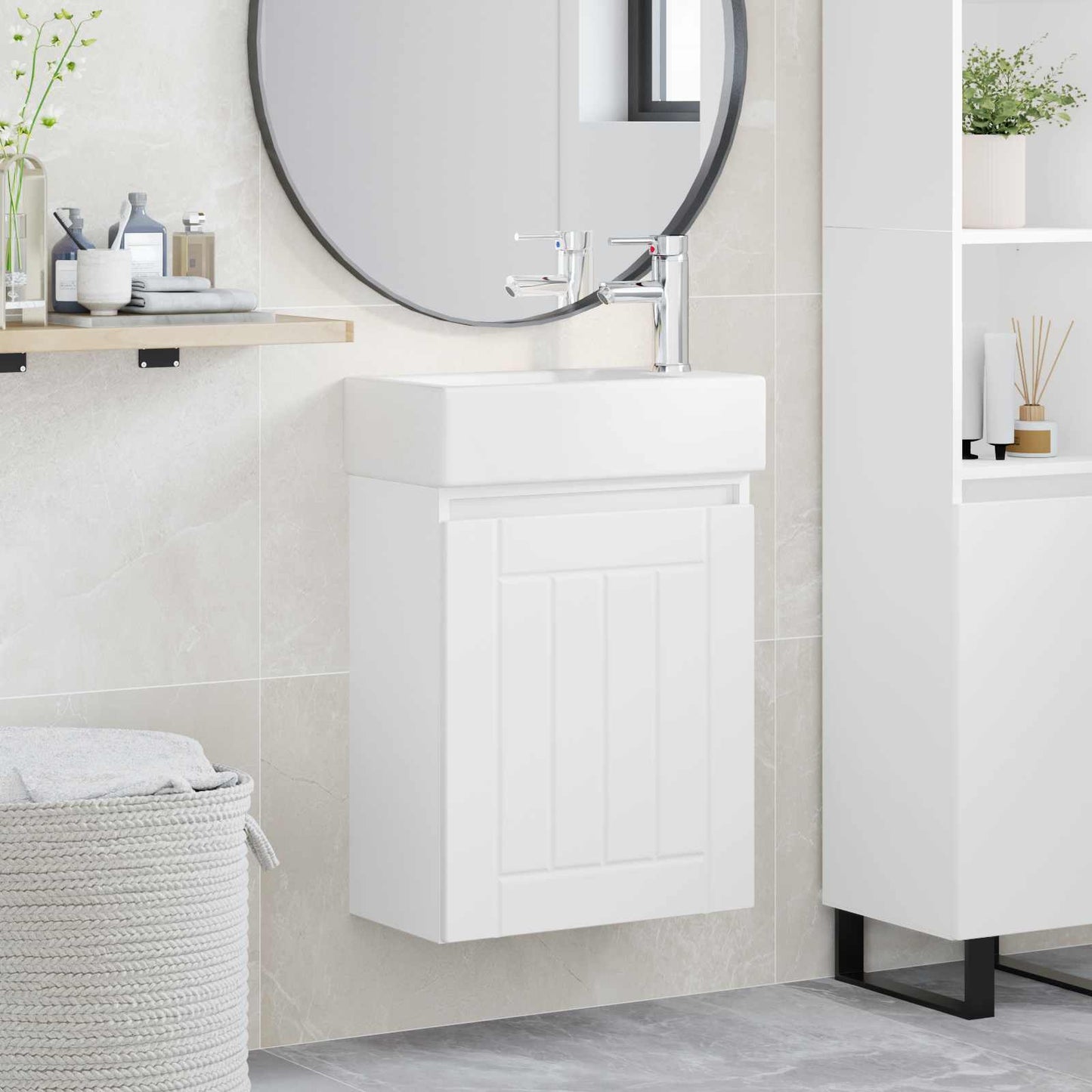 Badezimmer Waschtischunterschrank mit Wasserhahn Weiß