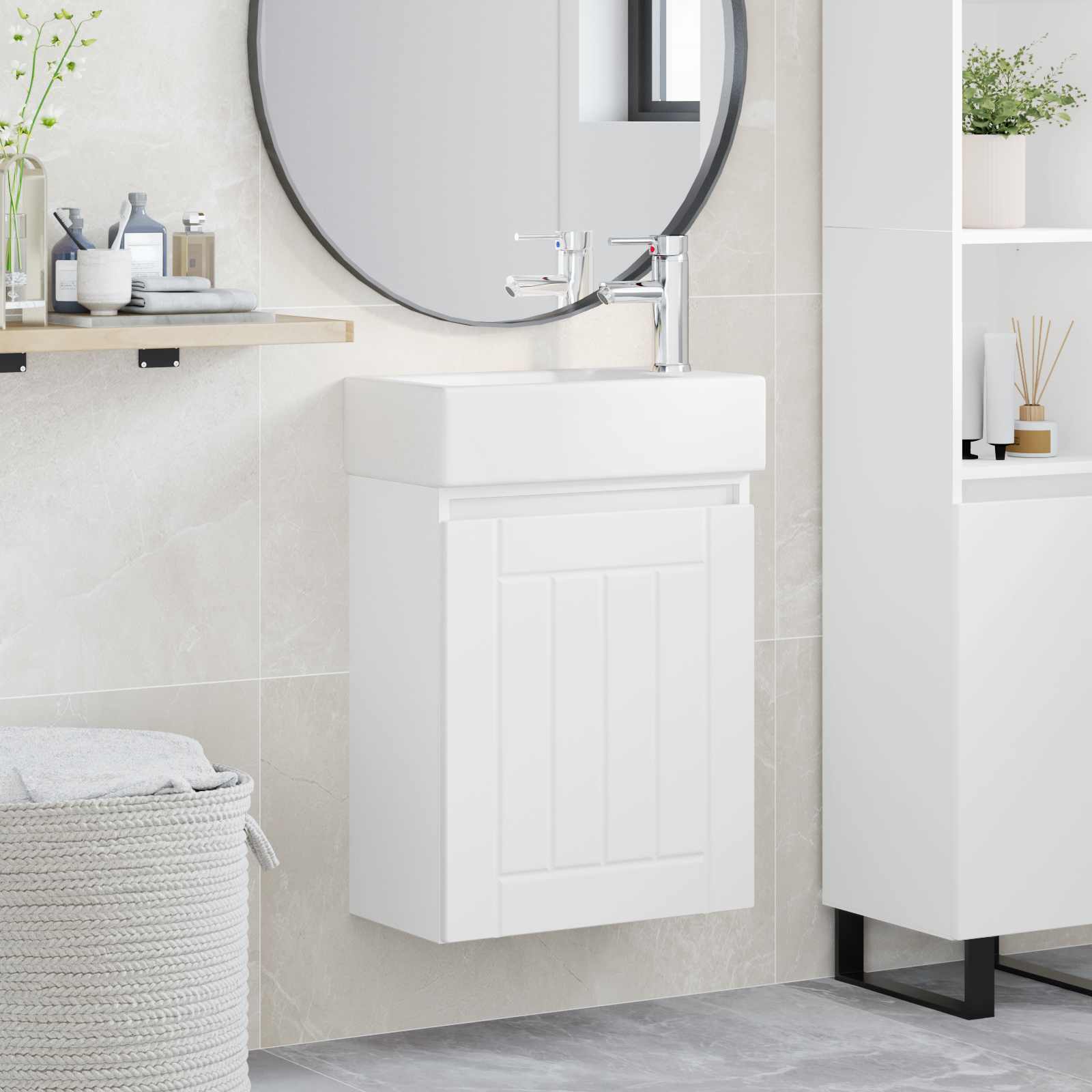 Badezimmer Waschtischunterschrank mit Wasserhahn Weiß