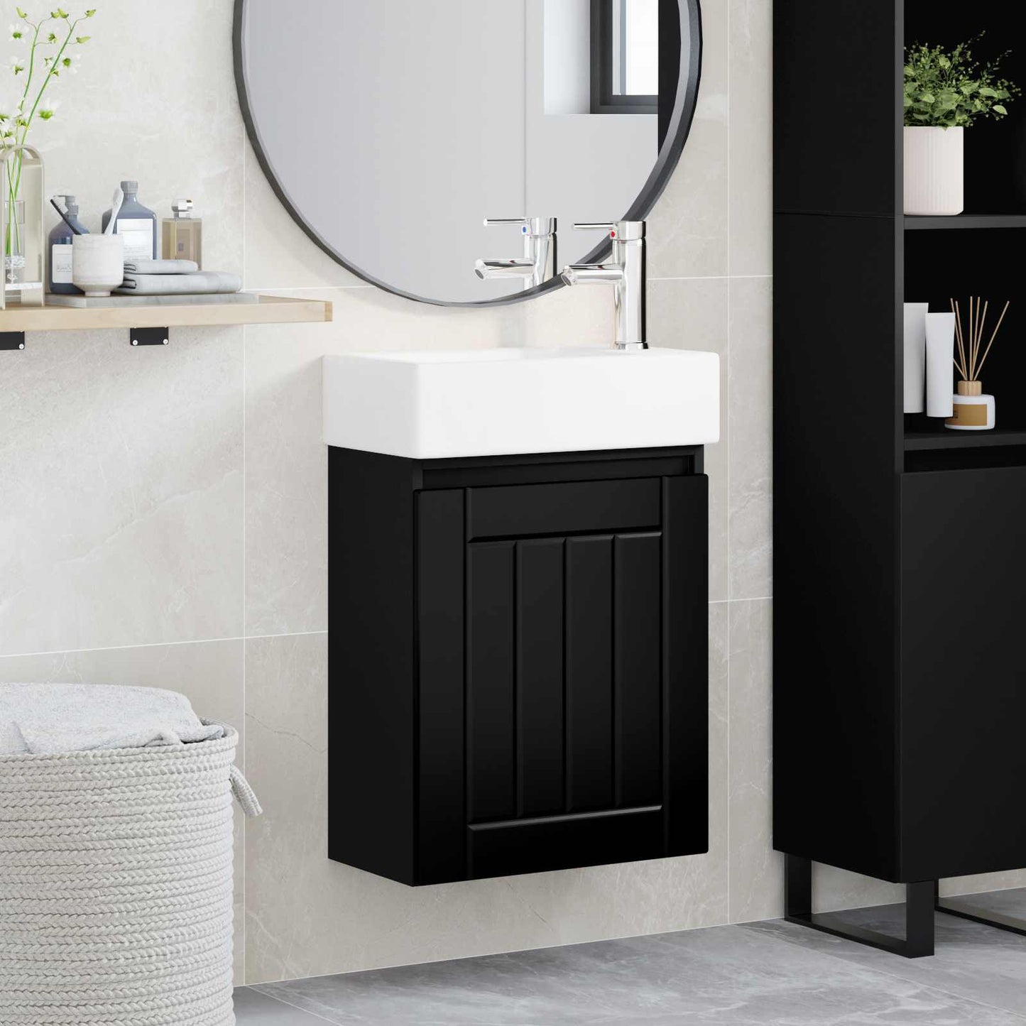 Badezimmer Waschtischunterschrank mit Wasserhahn Schwarz