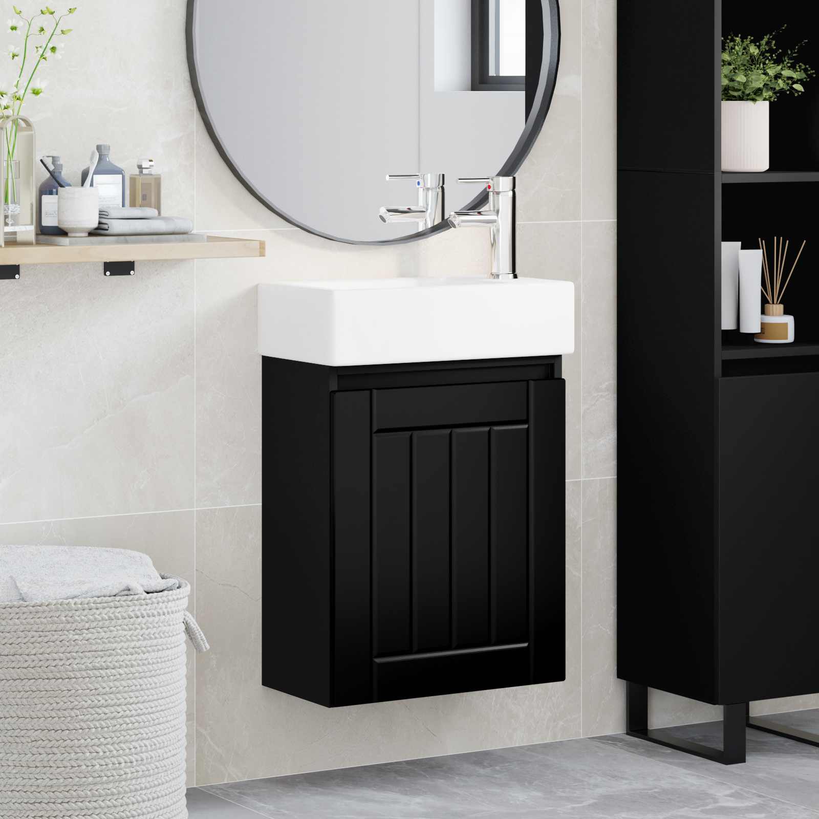 Badezimmer Waschtischunterschrank mit Wasserhahn Schwarz