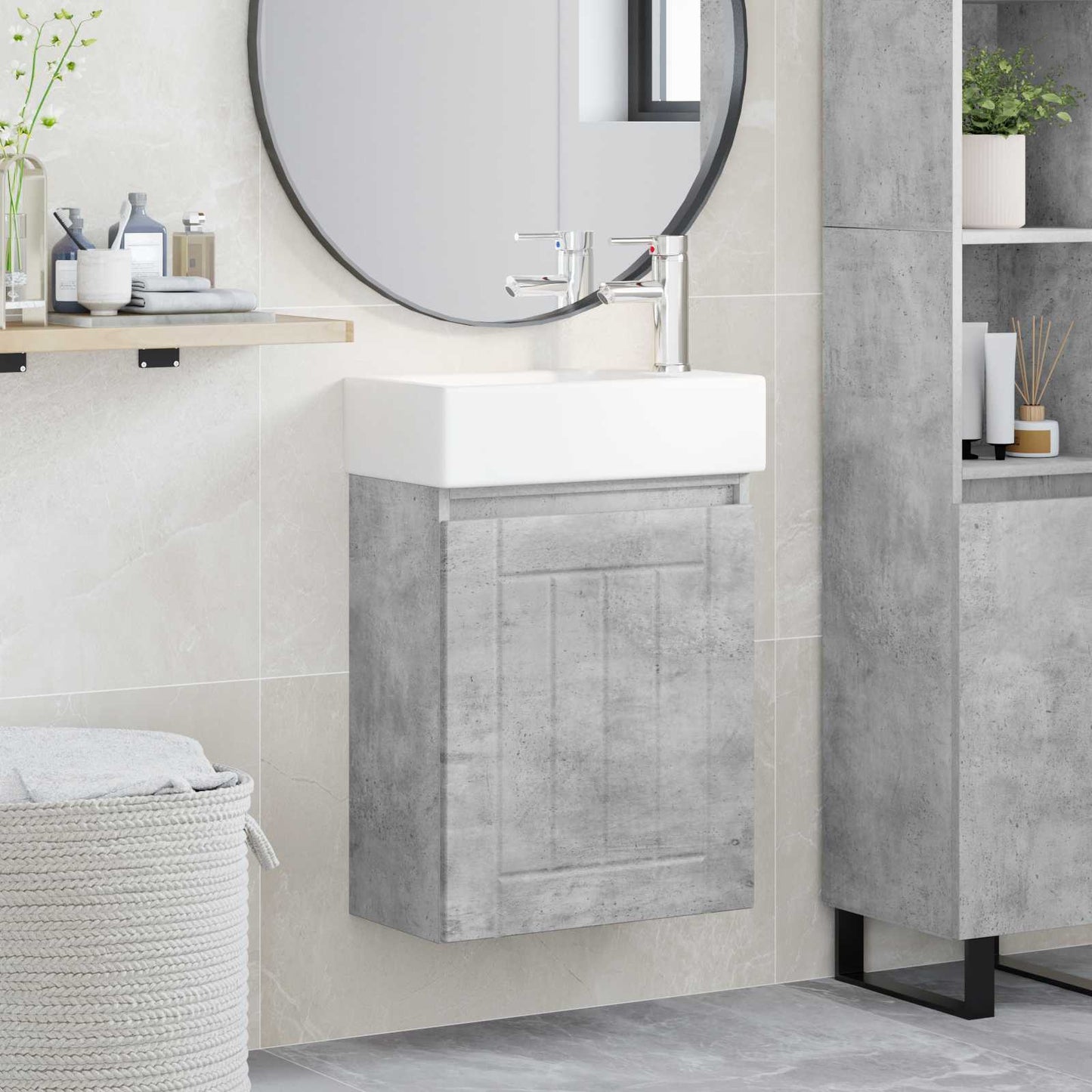 Badezimmer Waschtischunterschrank mit Wasserhahn Betongrau