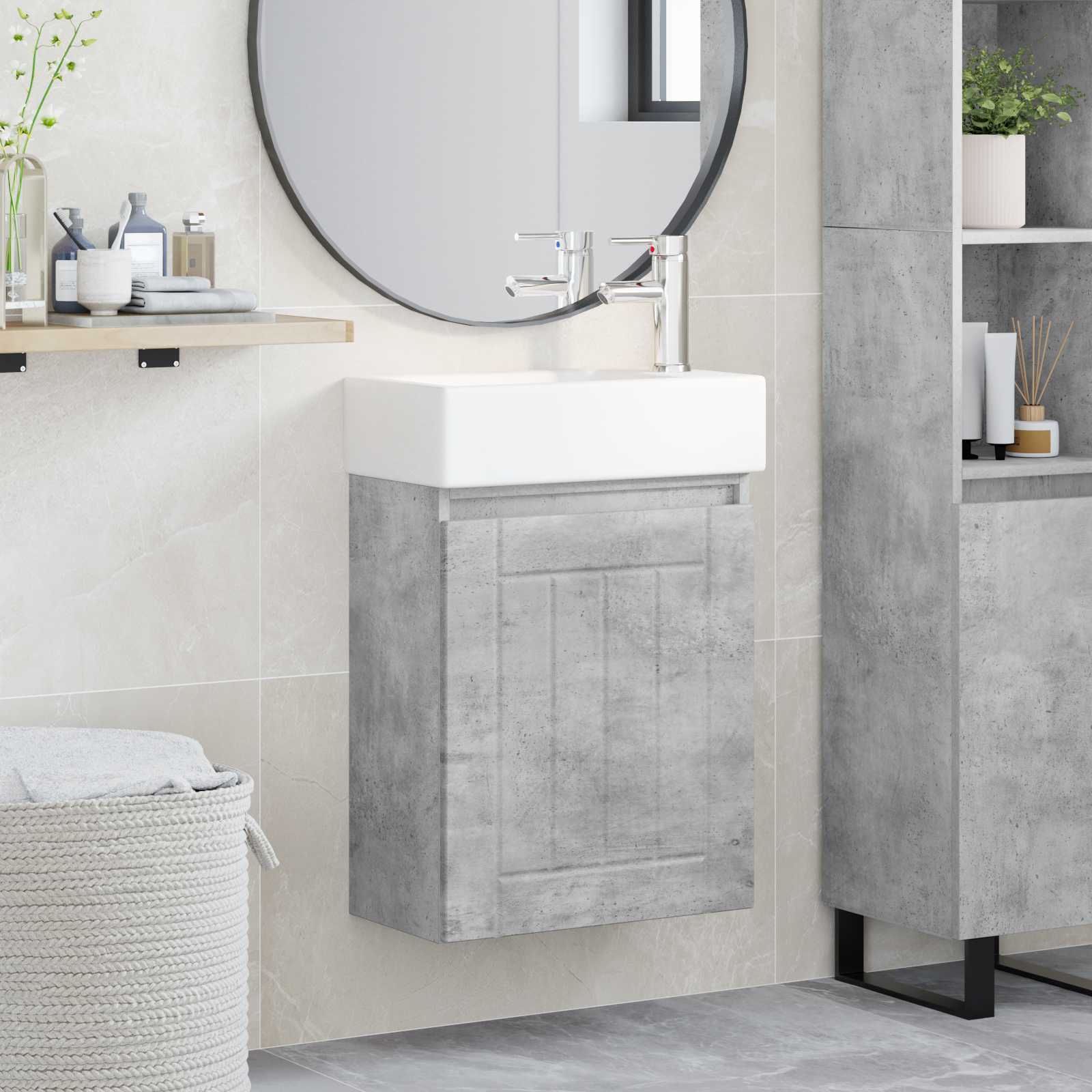 Badezimmer Waschtischunterschrank mit Wasserhahn Betongrau