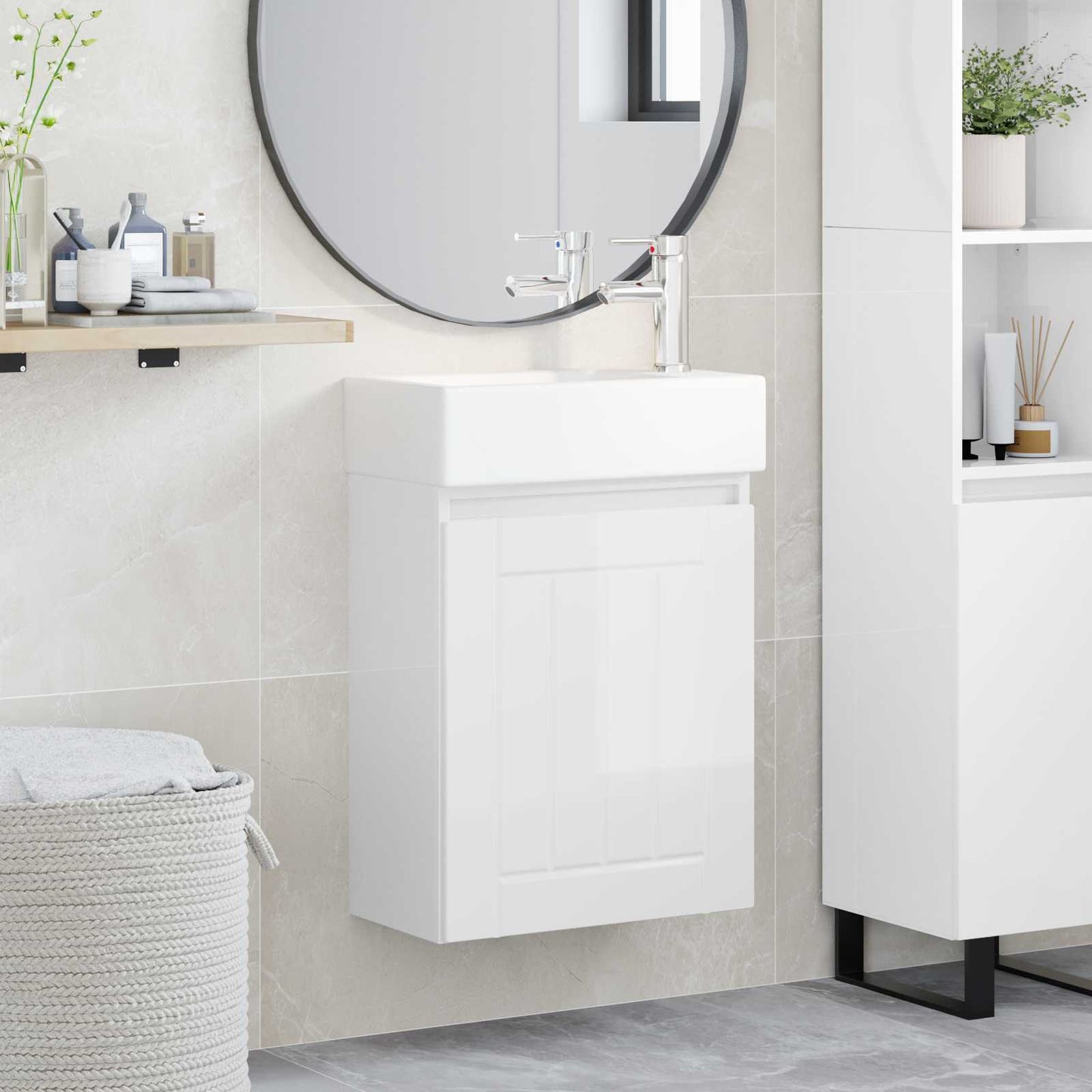 Badezimmer Waschtischunterschrank mit Wasserhahn Hochglanz Weiß