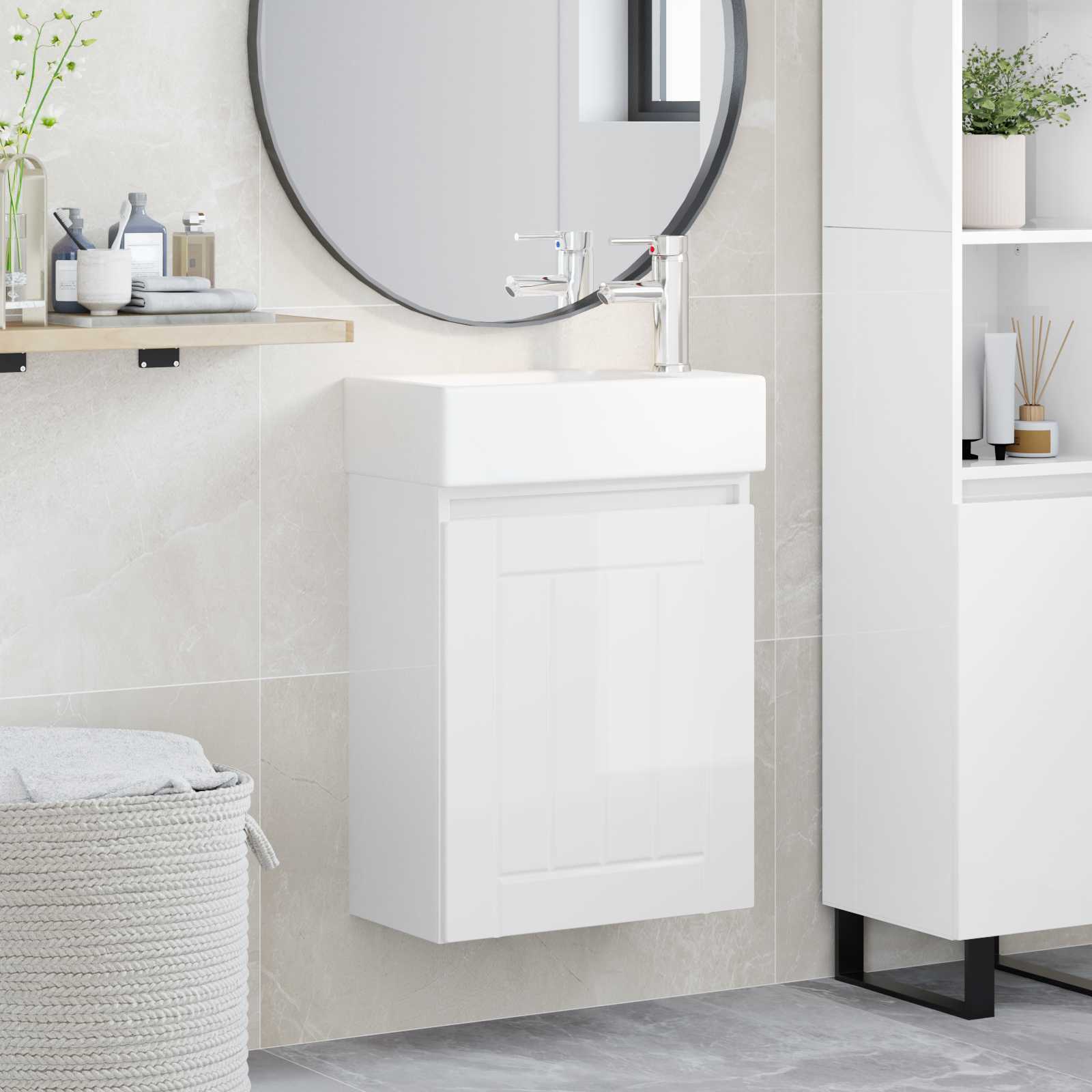 Badezimmer Waschtischunterschrank mit Wasserhahn Hochglanz Weiß