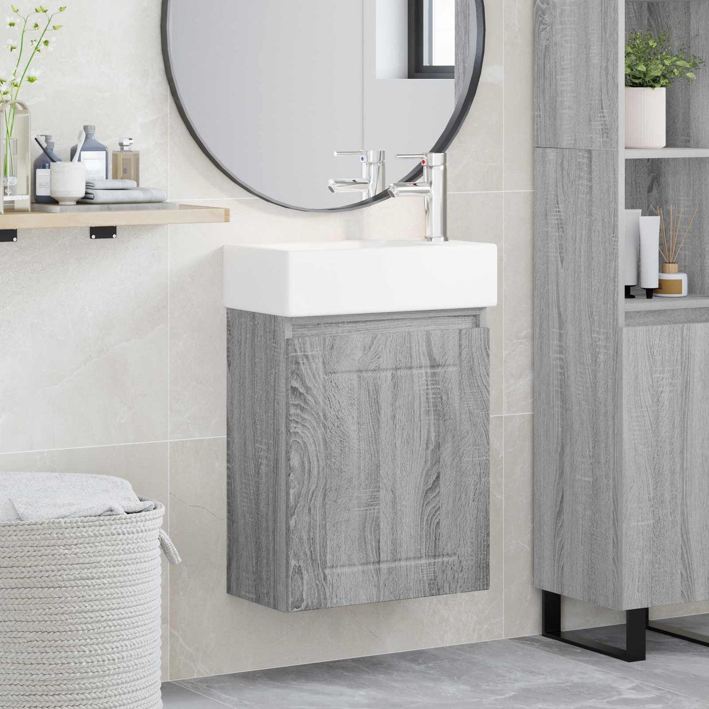Badezimmer Waschtischunterschrank mit Wasserhahn Grau Sonoma