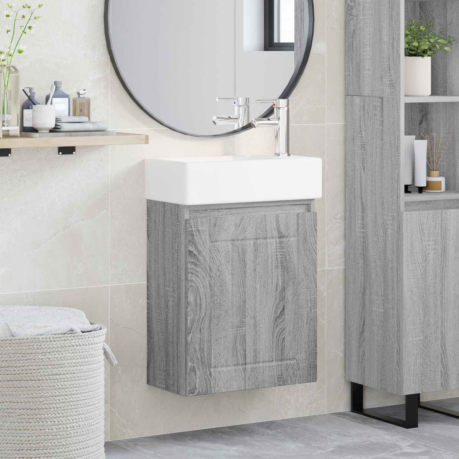 Badezimmer Waschtischunterschrank mit Wasserhahn Grau Sonoma