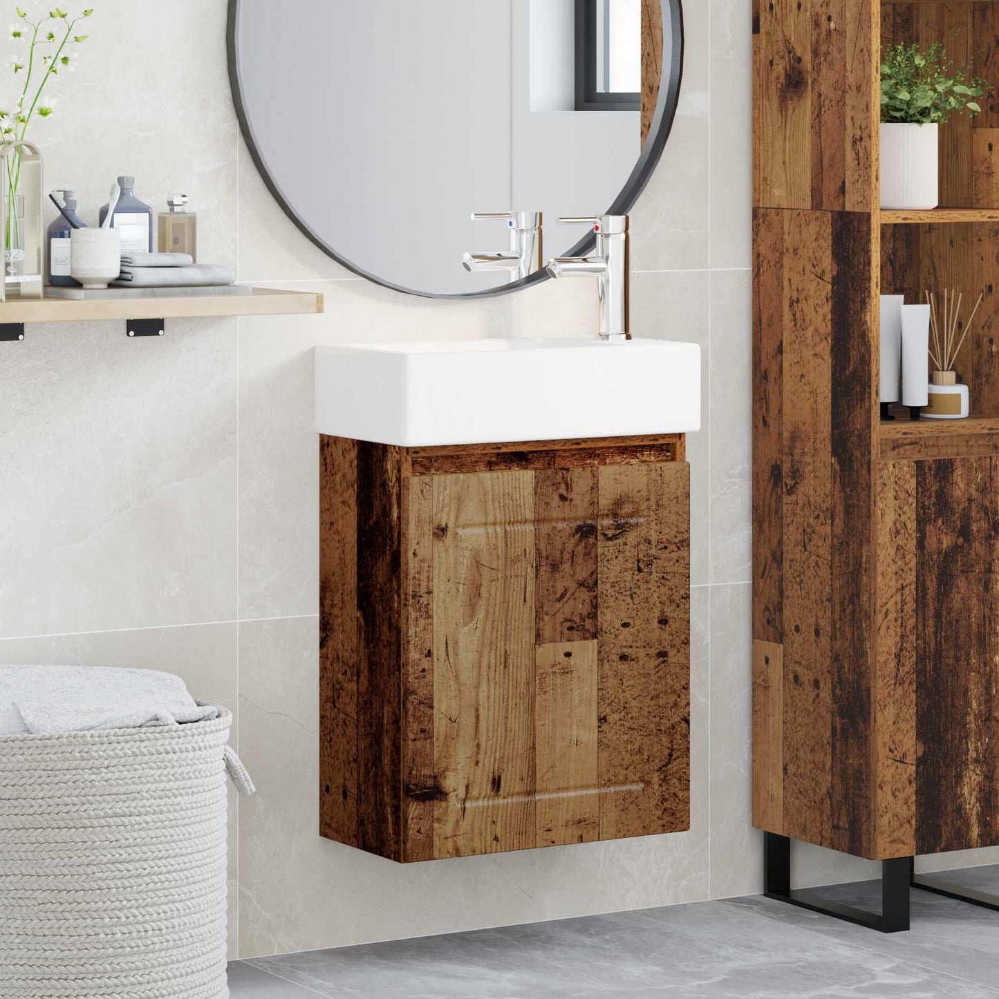 Badezimmer Waschtischunterschrank mit Wasserhahn Altholz