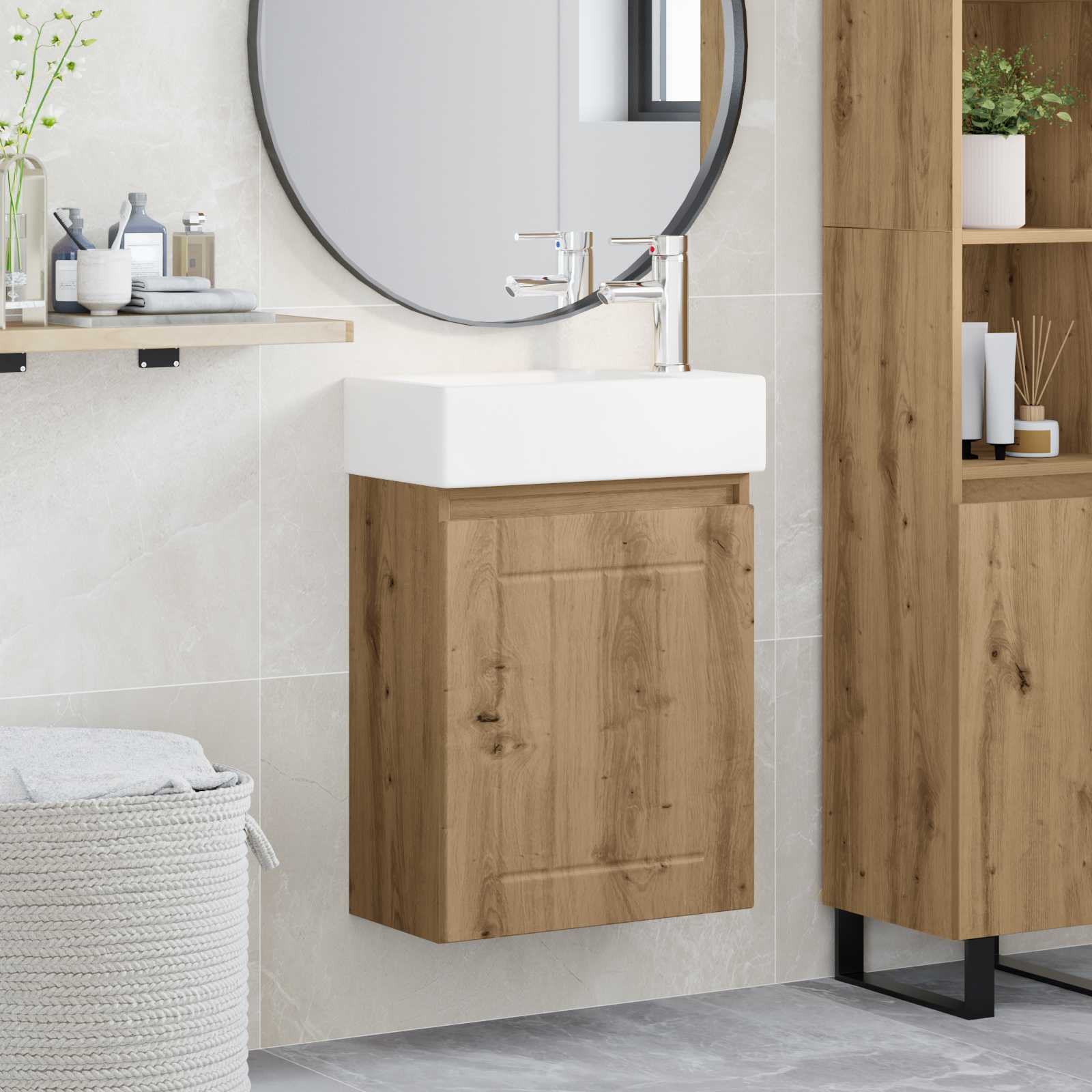 Badezimmer Waschtischunterschrank mit Wasserhahn Artisan-Eiche